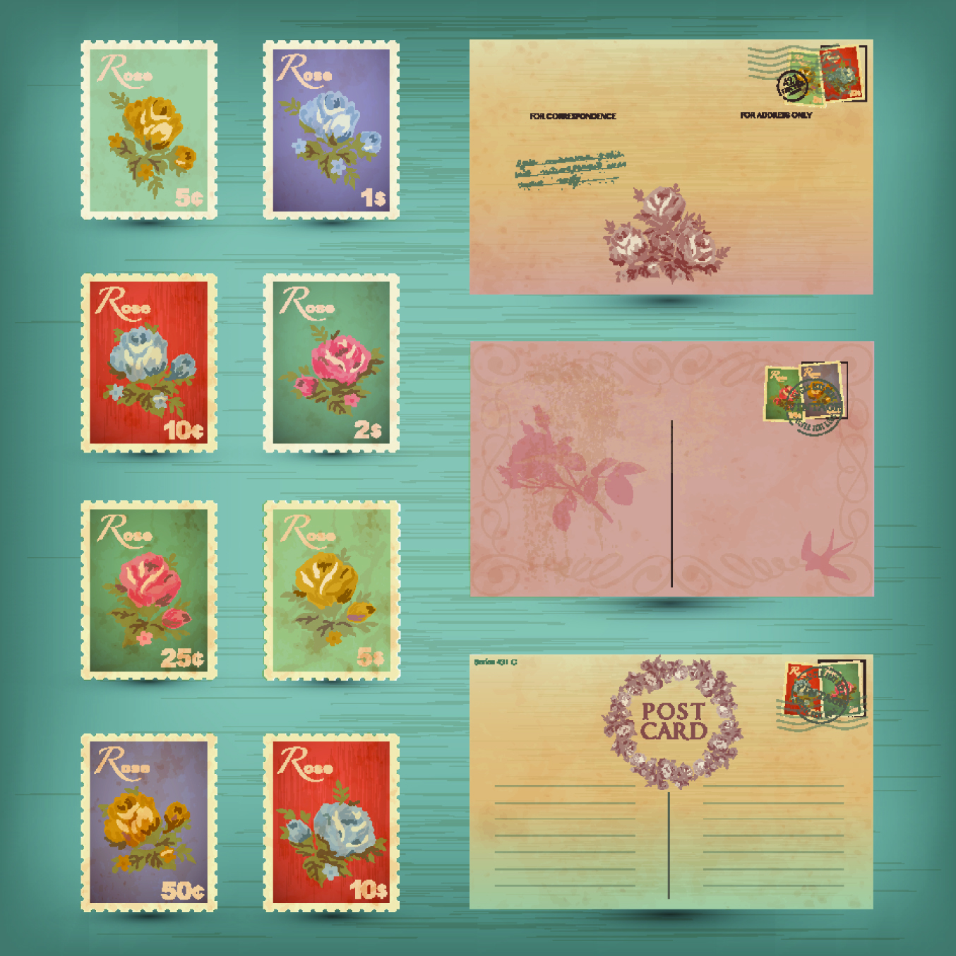 retro postcards and postage stamps design vector