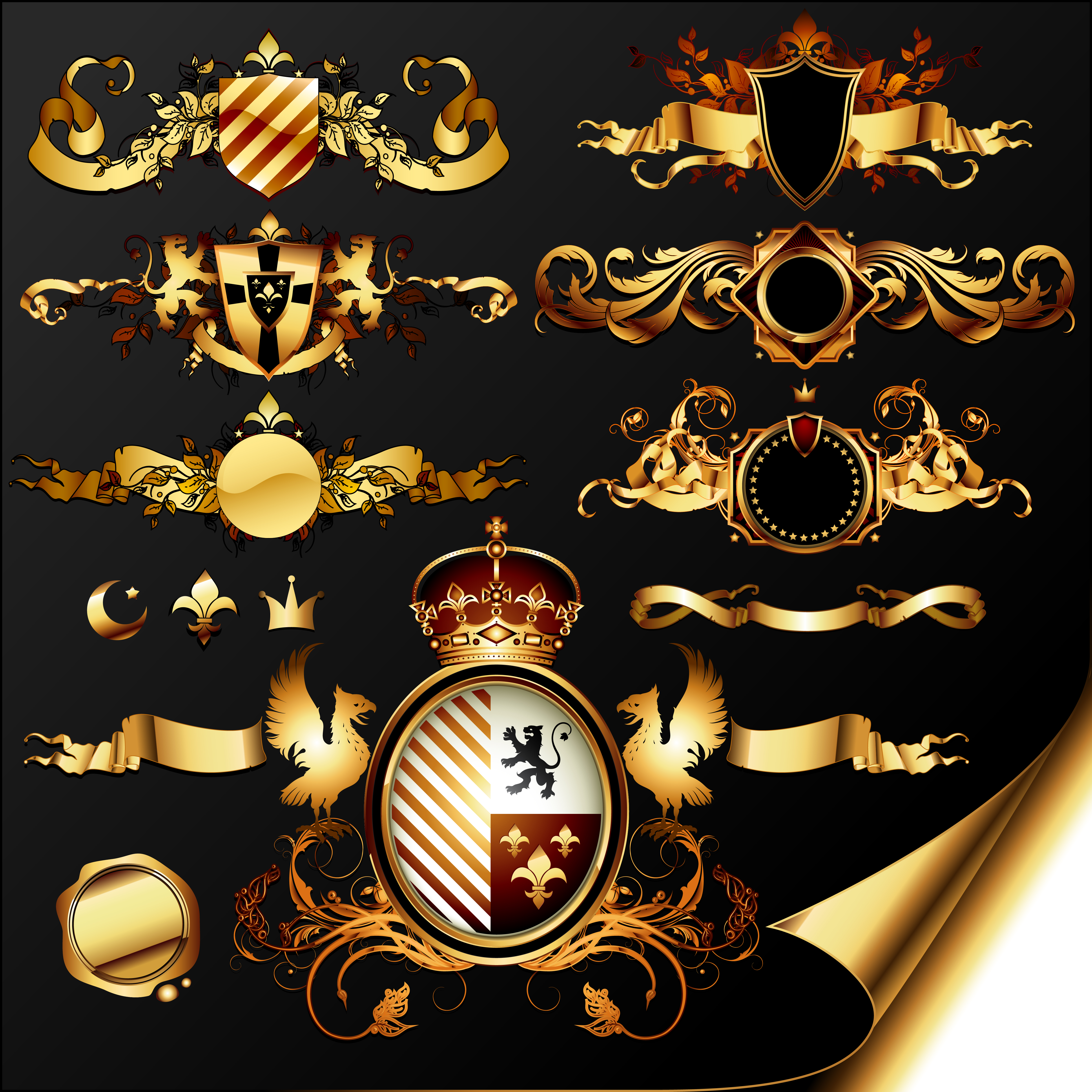 golden heraldic and decor elements vector