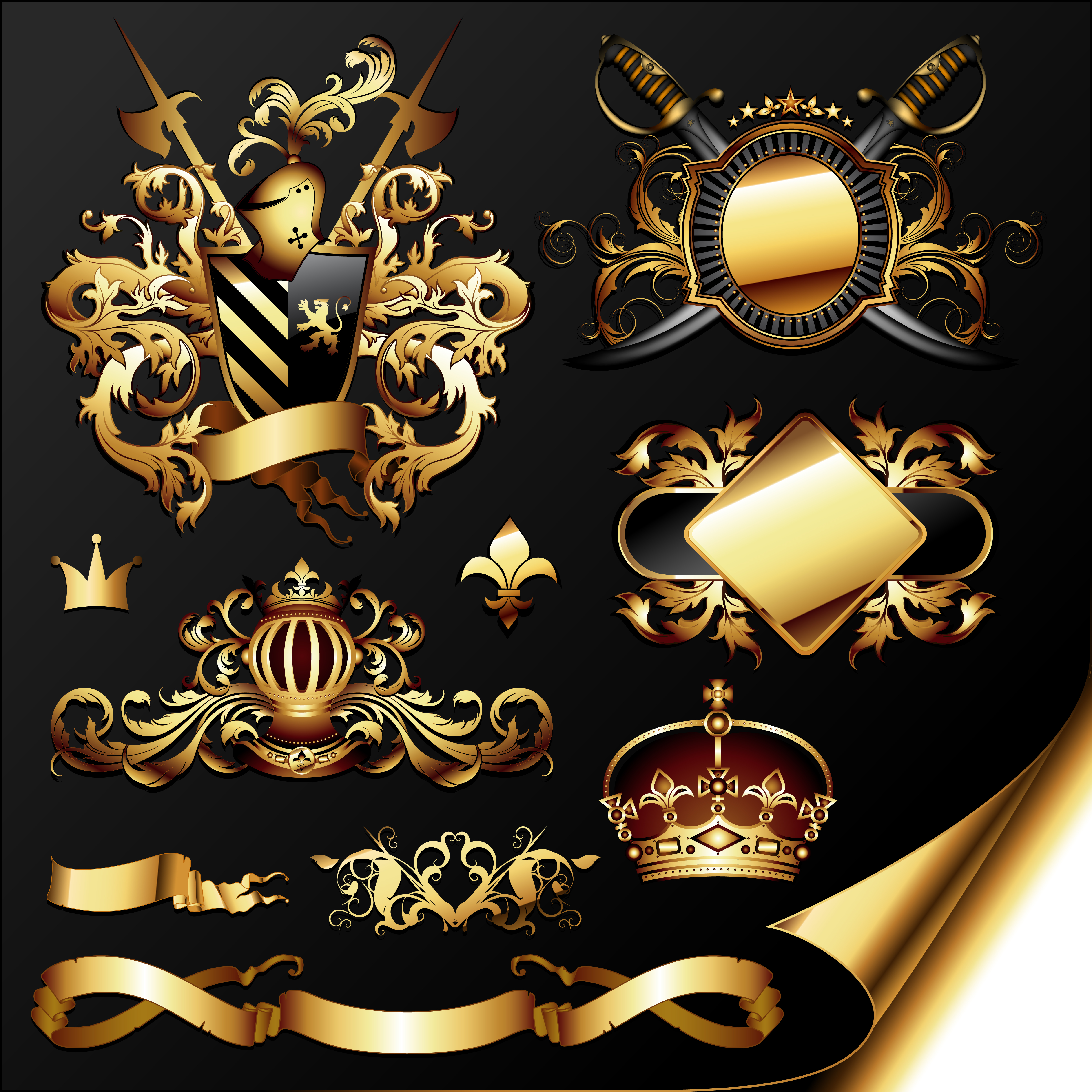 golden heraldic and decor elements vector