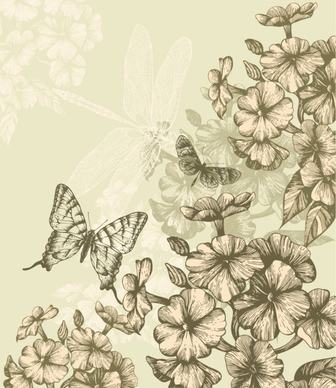 hand drawn flower with butterflies and dragonflies vector set