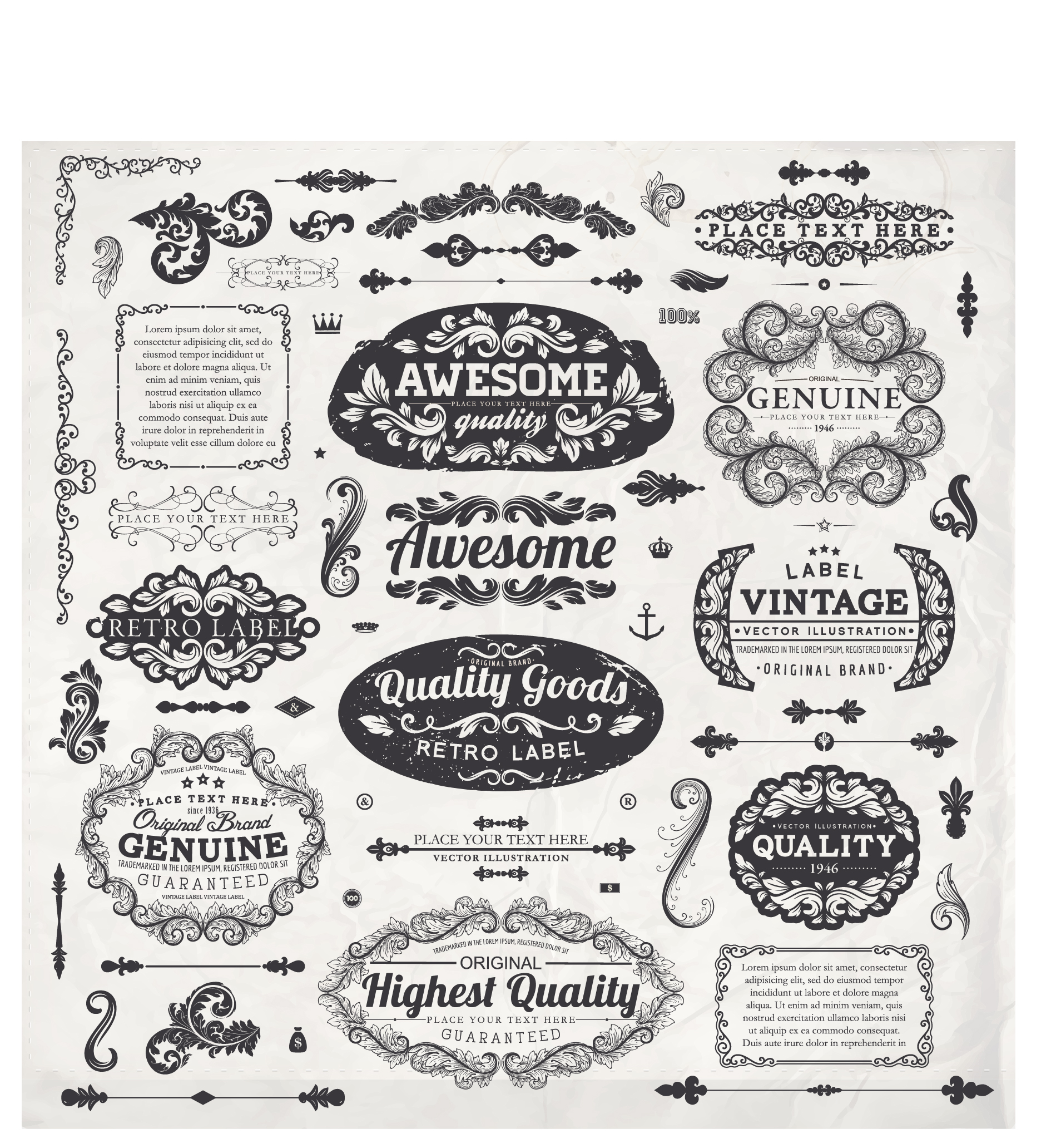 vintage label and ornaments design vector set