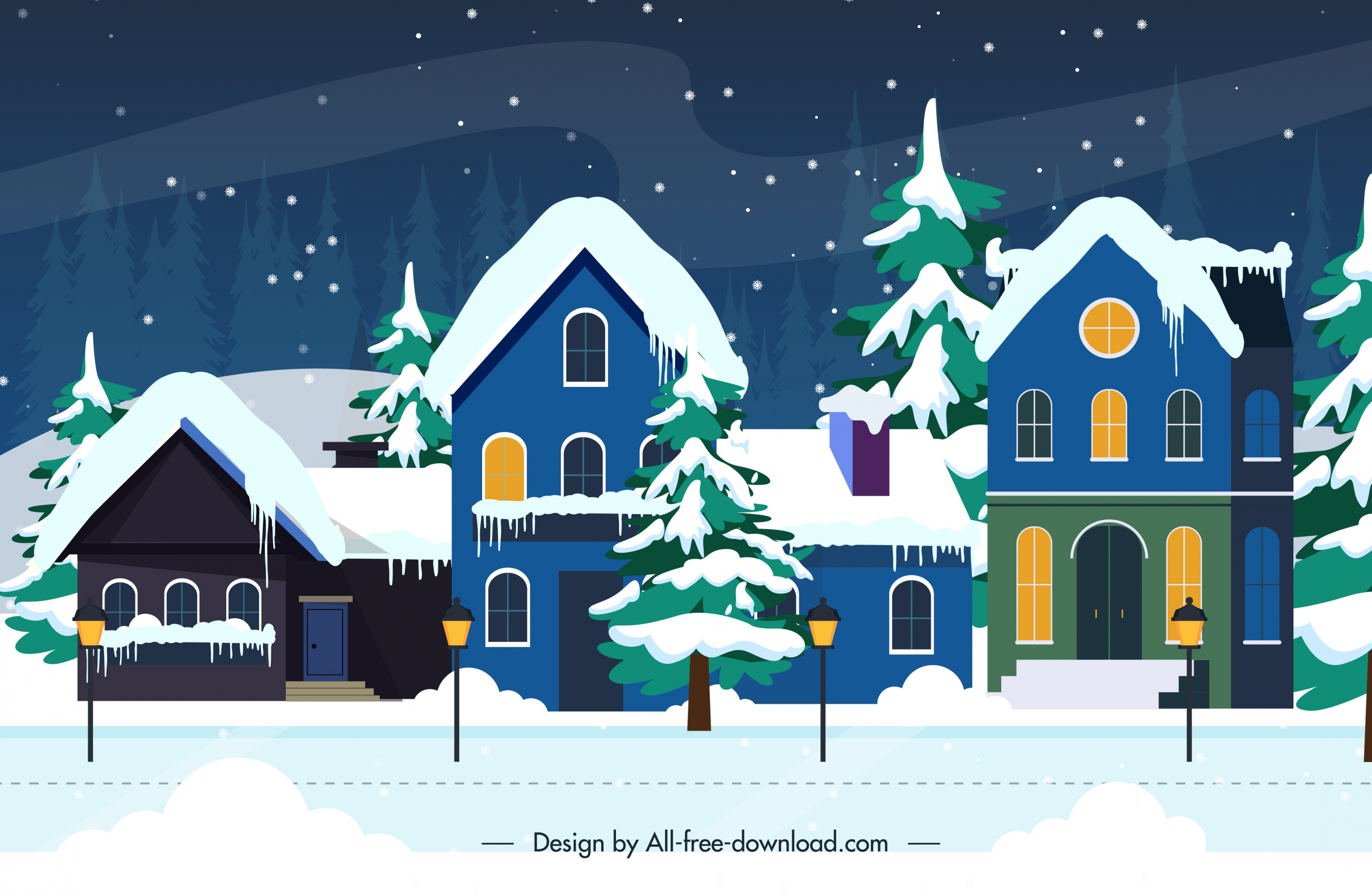 winter scenery background houses exterior snow sketch