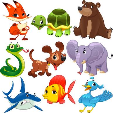 funny cartoon animal and fish with bird vector