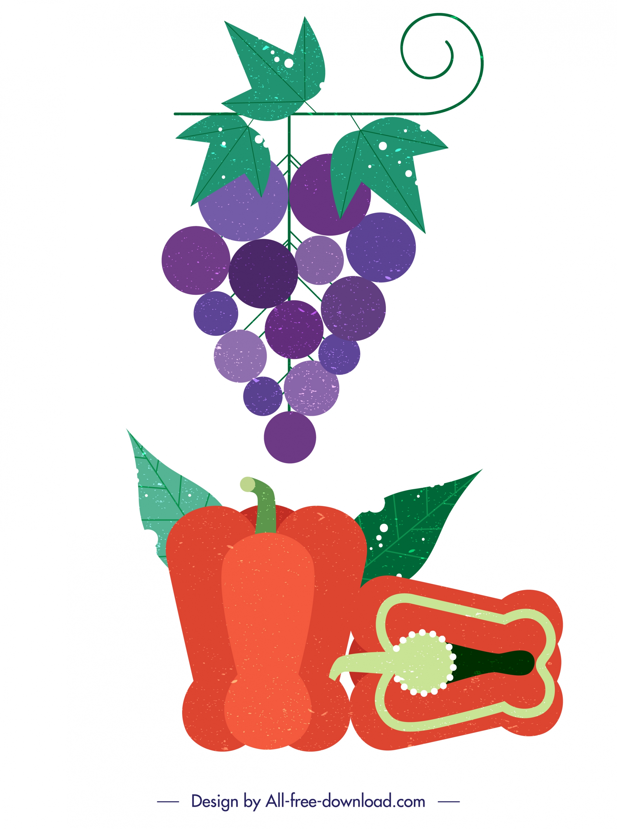 grapes pepper vegetable fruit icons colorful retro design