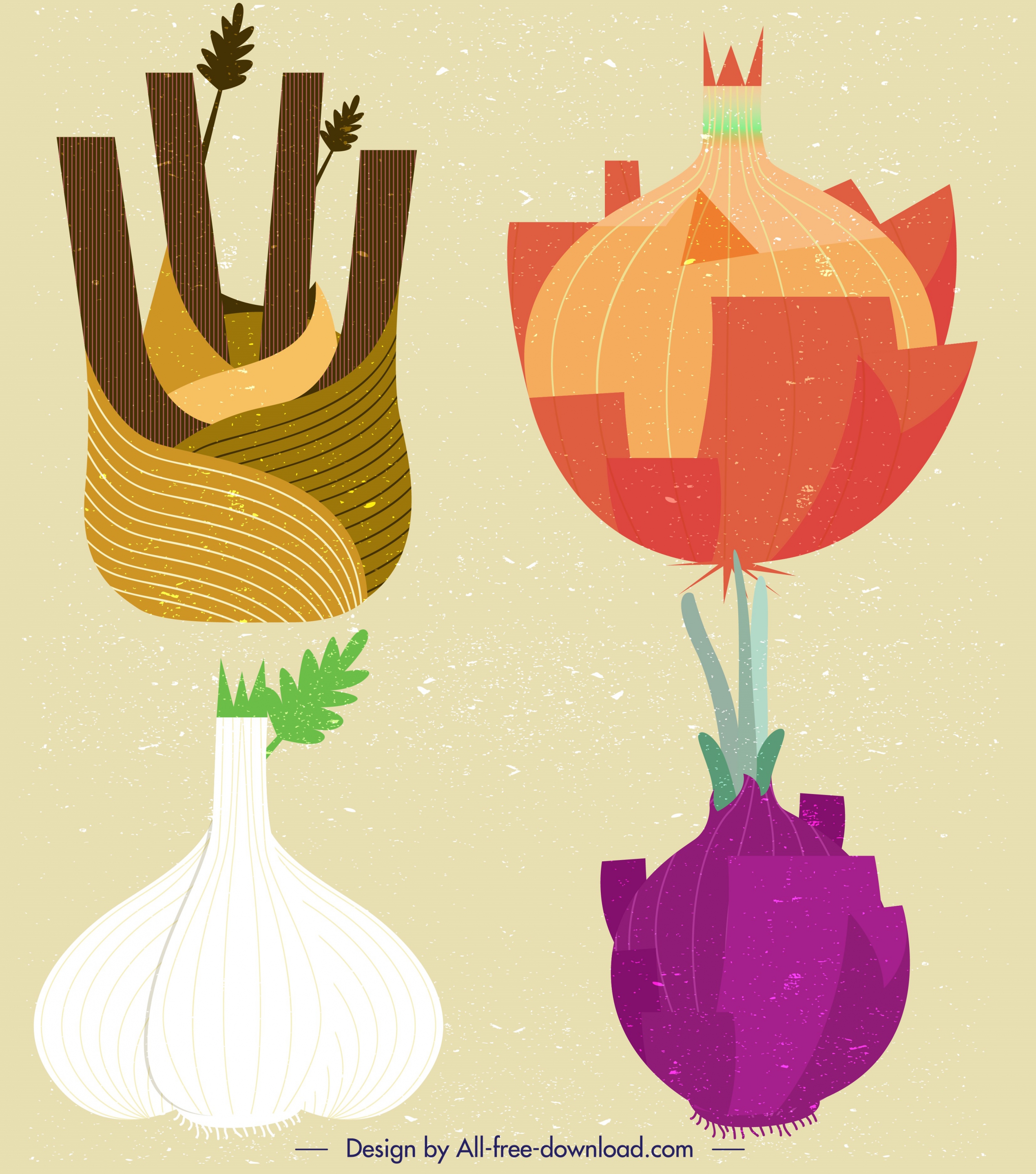 garlic onion vegetable icons colorful retro design