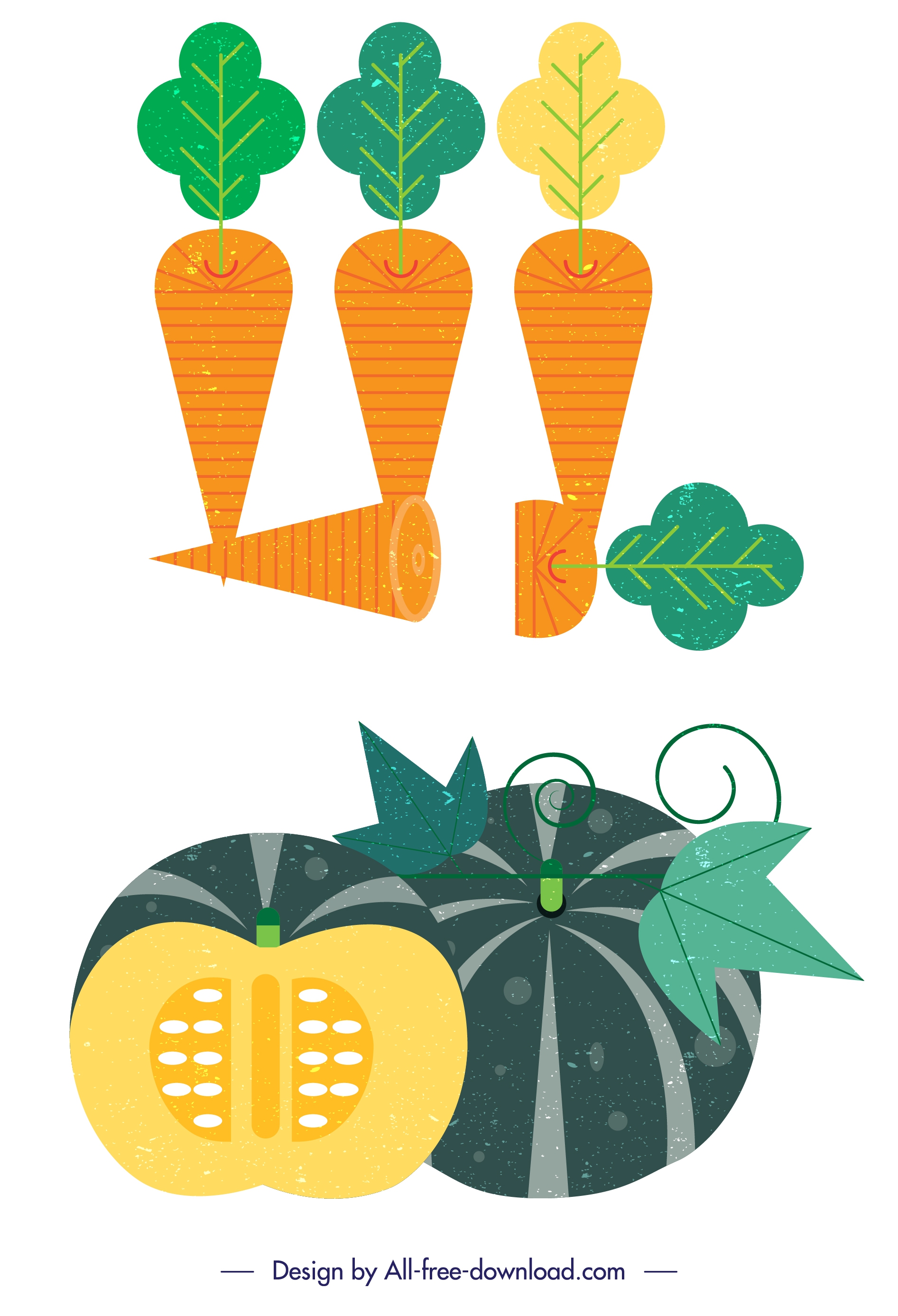 carrot pumpkin vegetables icons colored retro sliced design