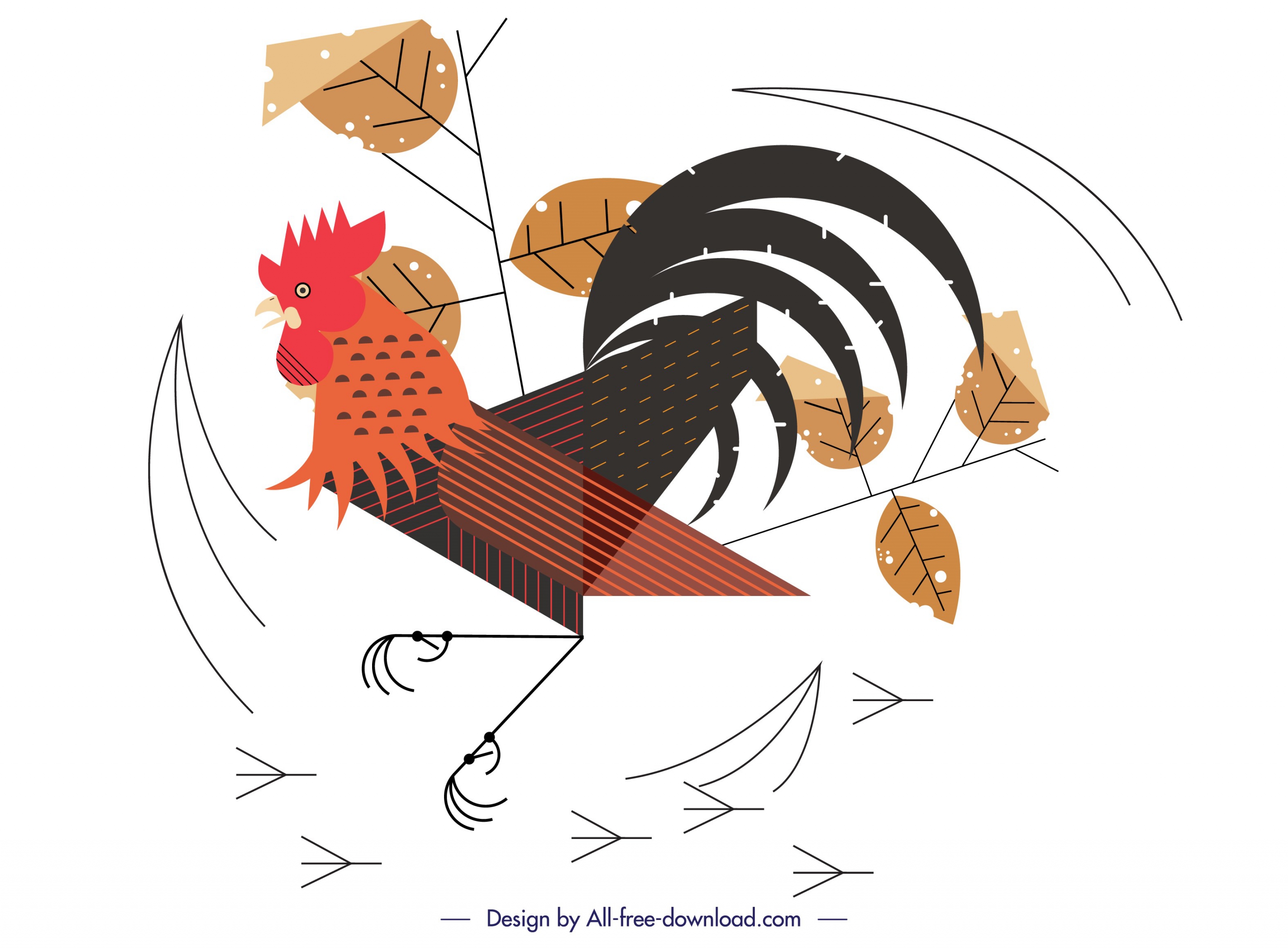 fighting chicken painting colored flat design leaves ornament