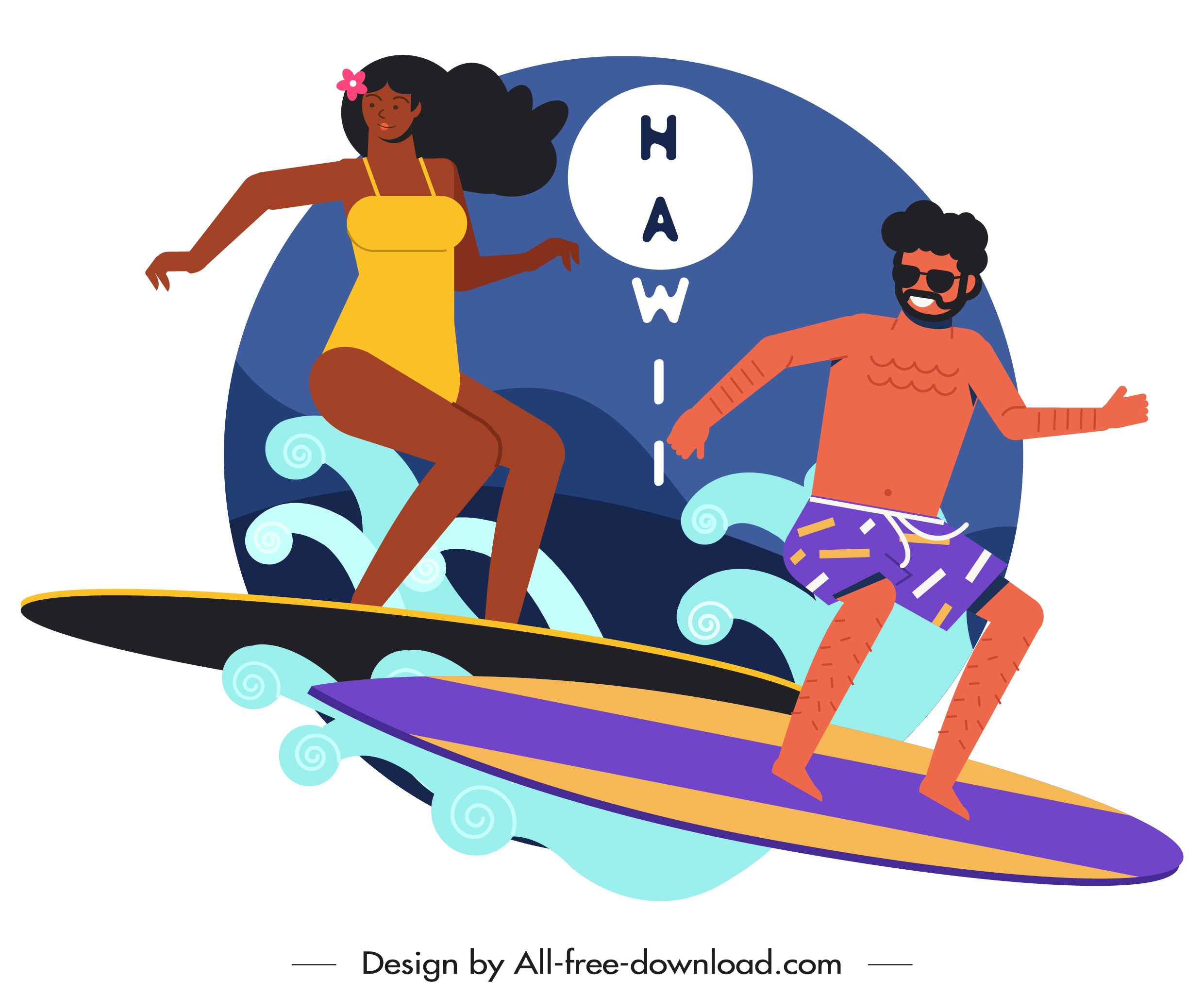 hawaii advertising background surfing people icon cartoon sketch