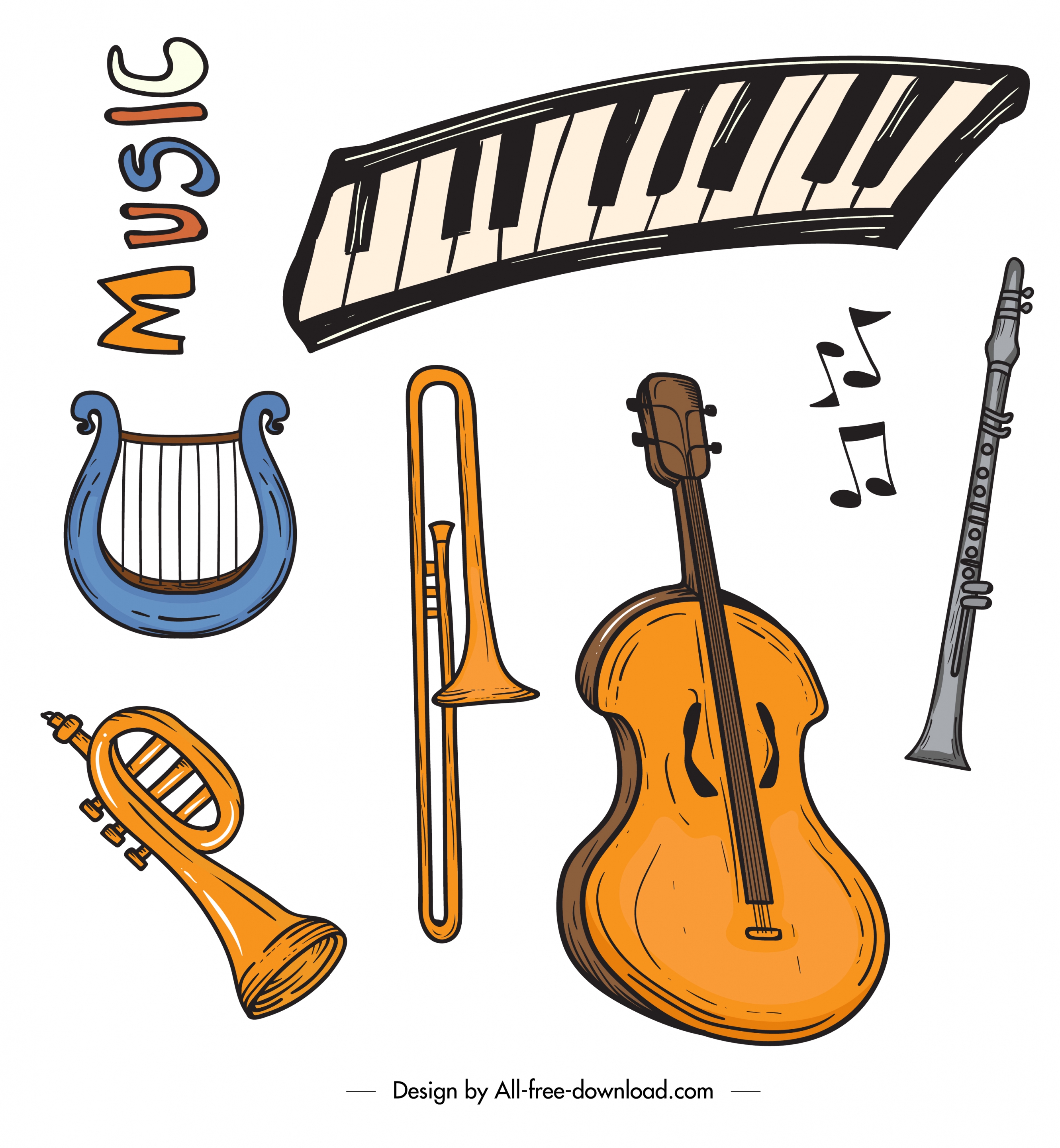 music design elements instruments icons retro design