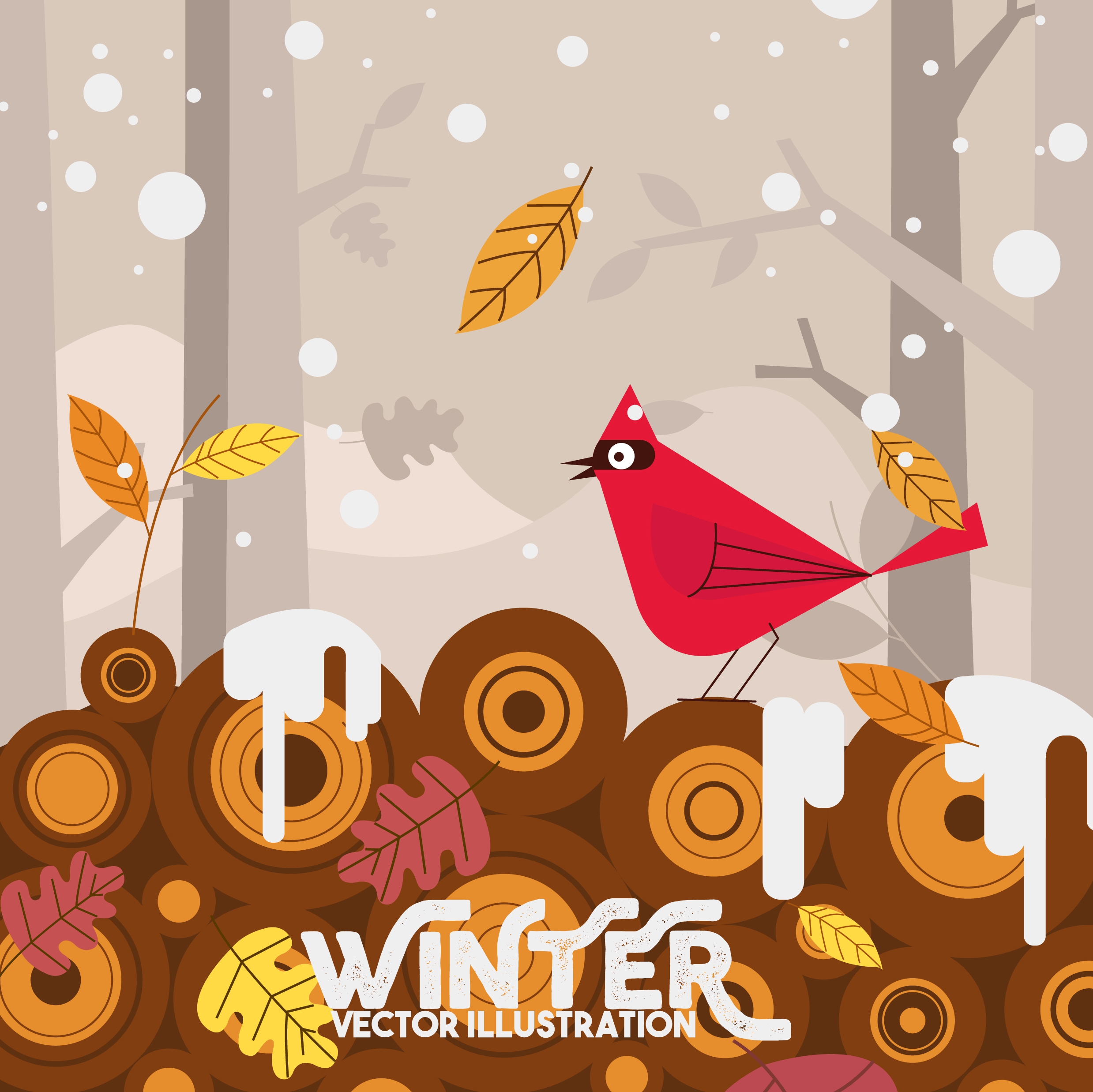 winter background bird leaf snowfall icons decor