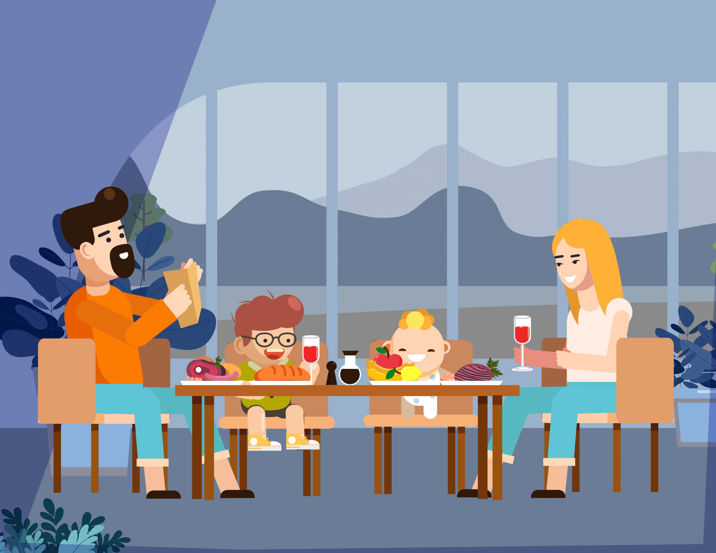 family background parents children dinner icons cartoon design