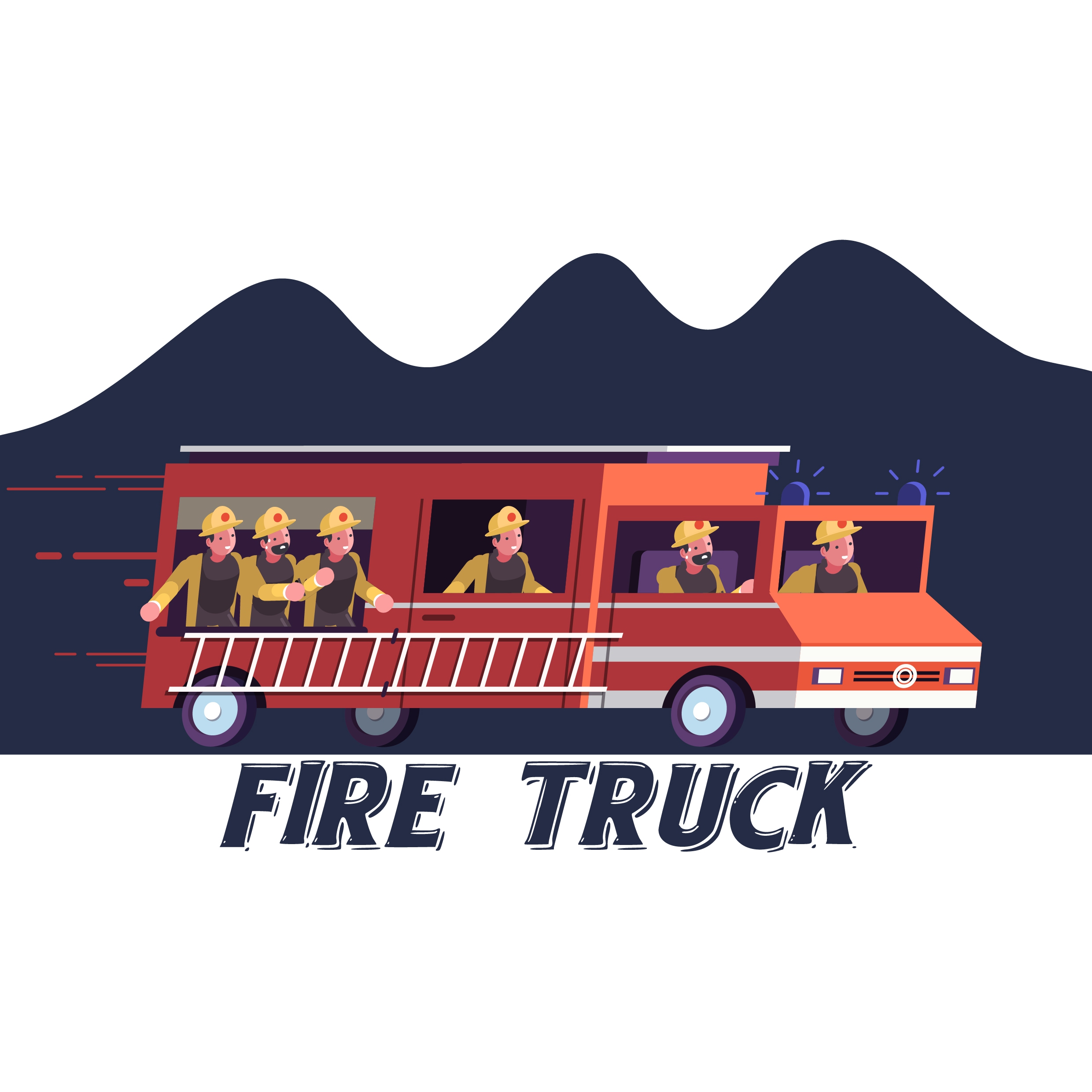 fire fighting banner truck firemen icons cartoon characters