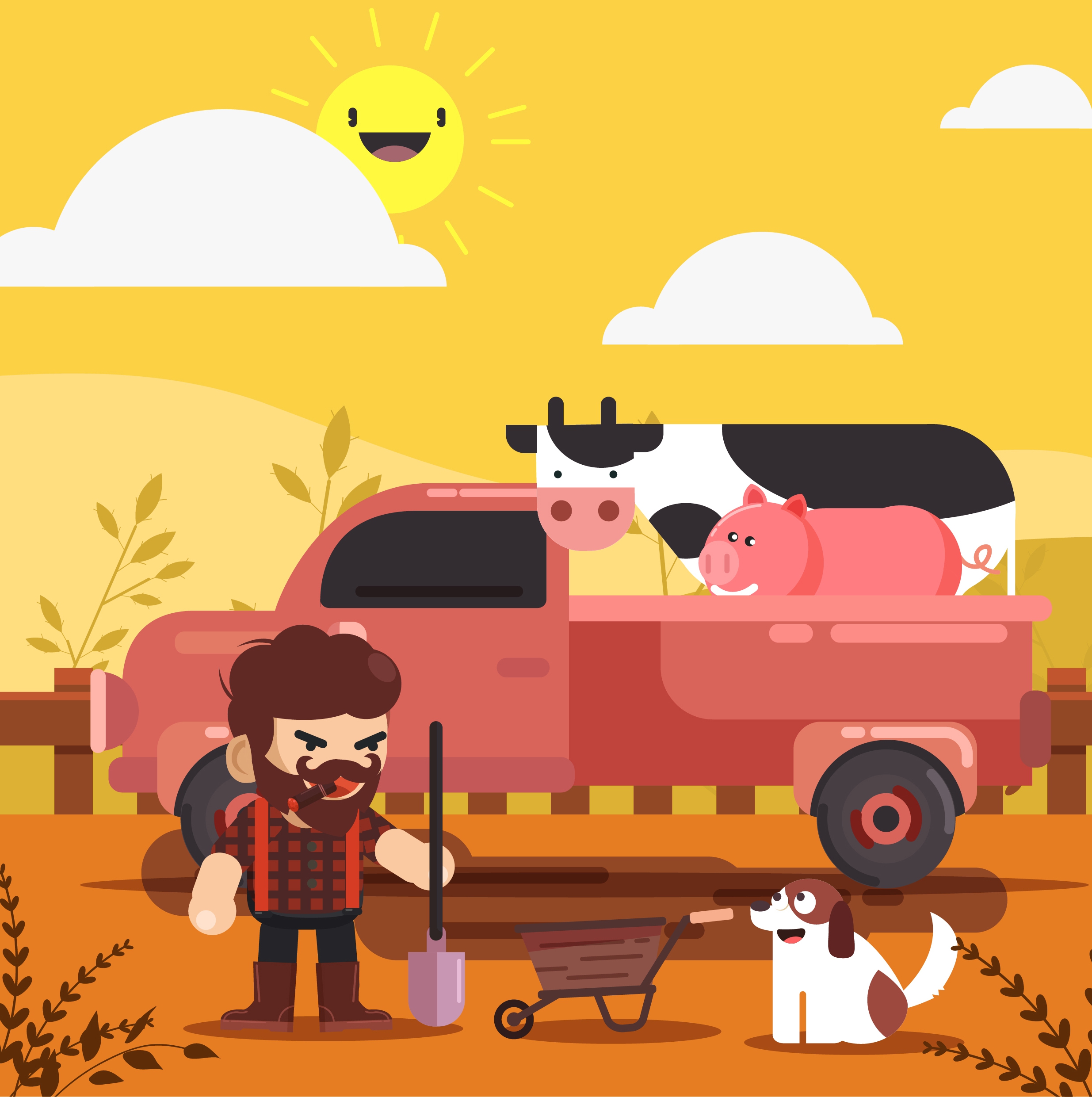 farming background farmer truck cattle icons cartoon design