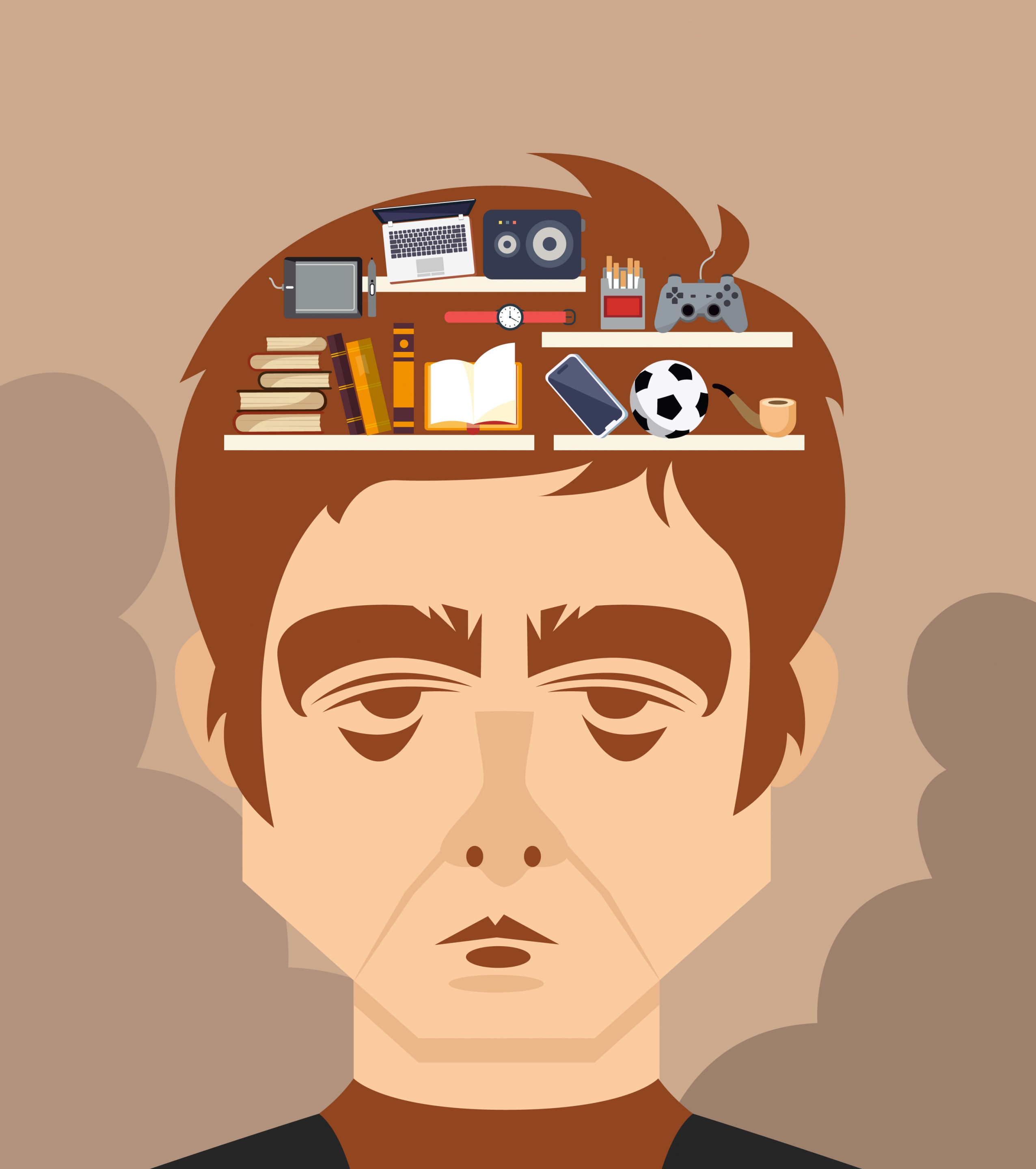 memory background man head objects icons cartoon sketch