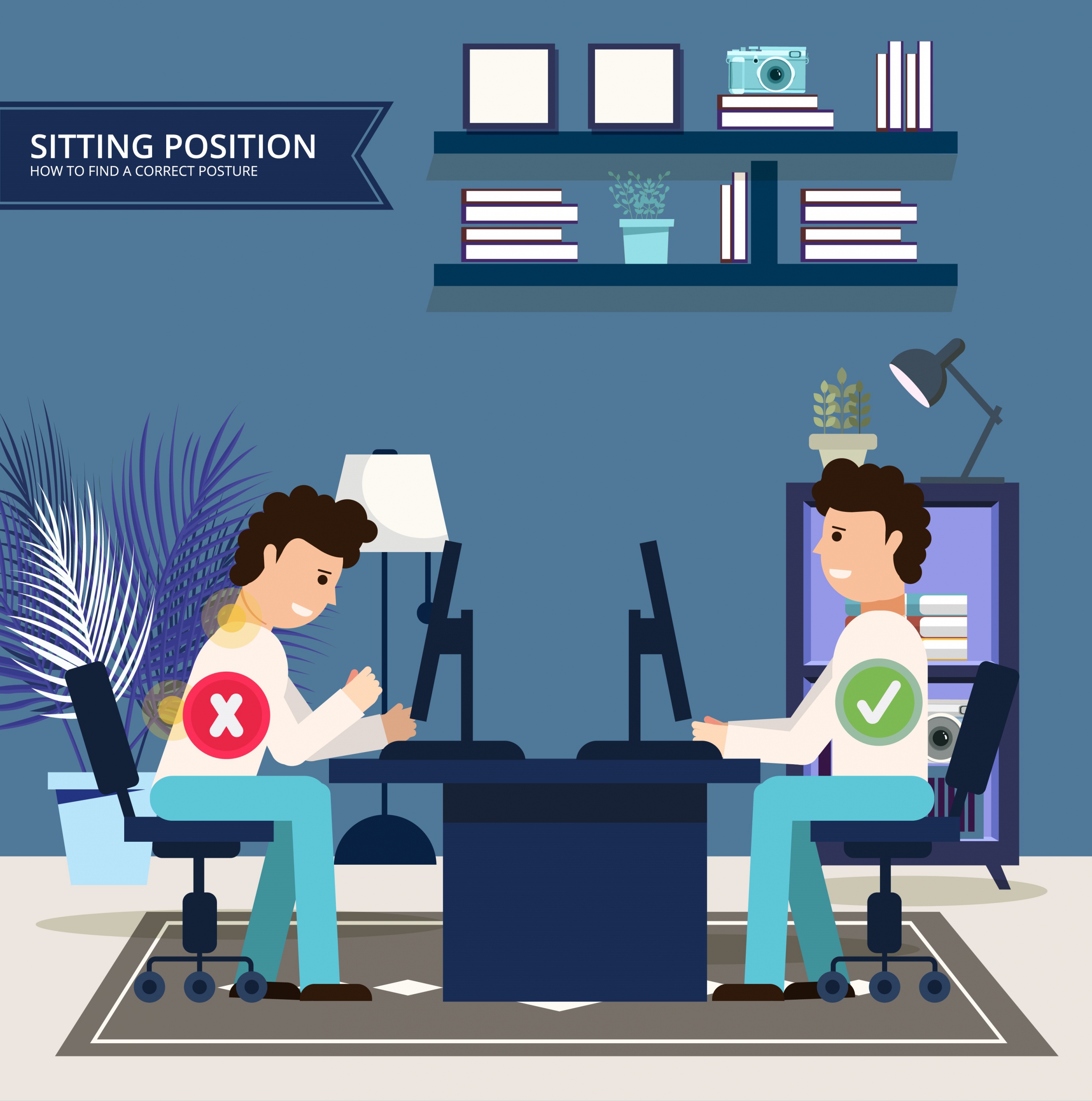 sitting position guidance banner working people tick signs