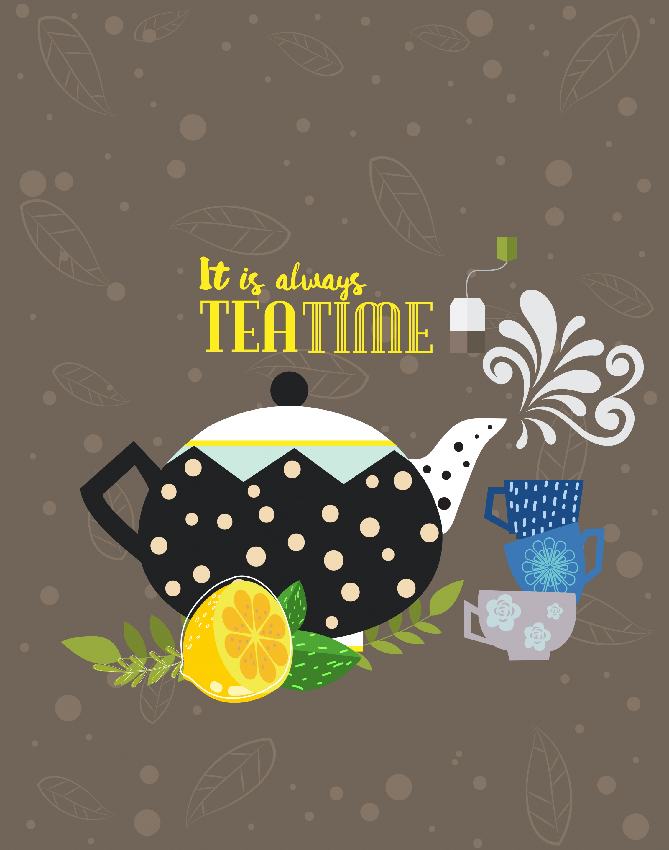 tea time banner classical design pot cup lemon icons