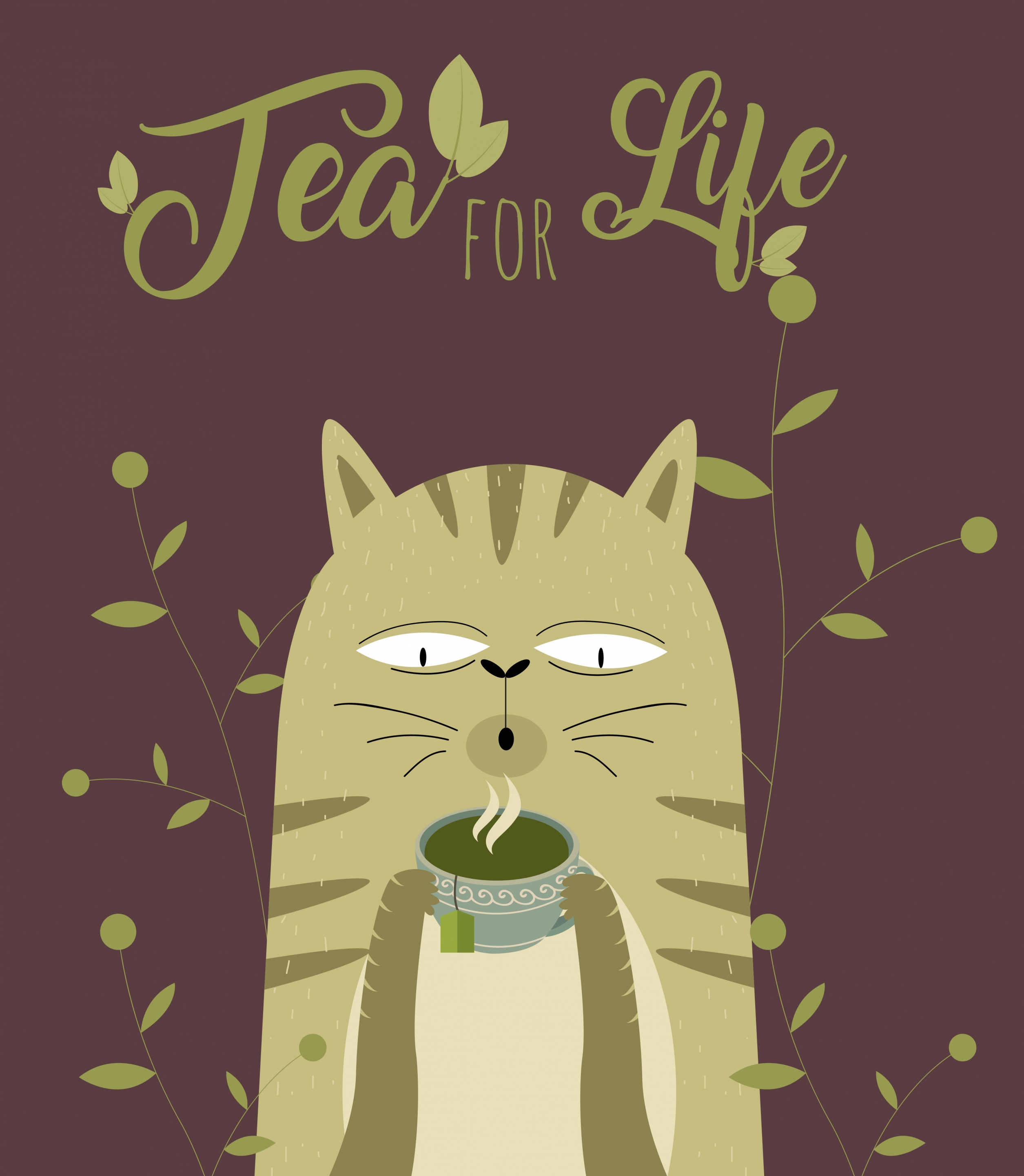 tea time banner cat leaves teacup icons