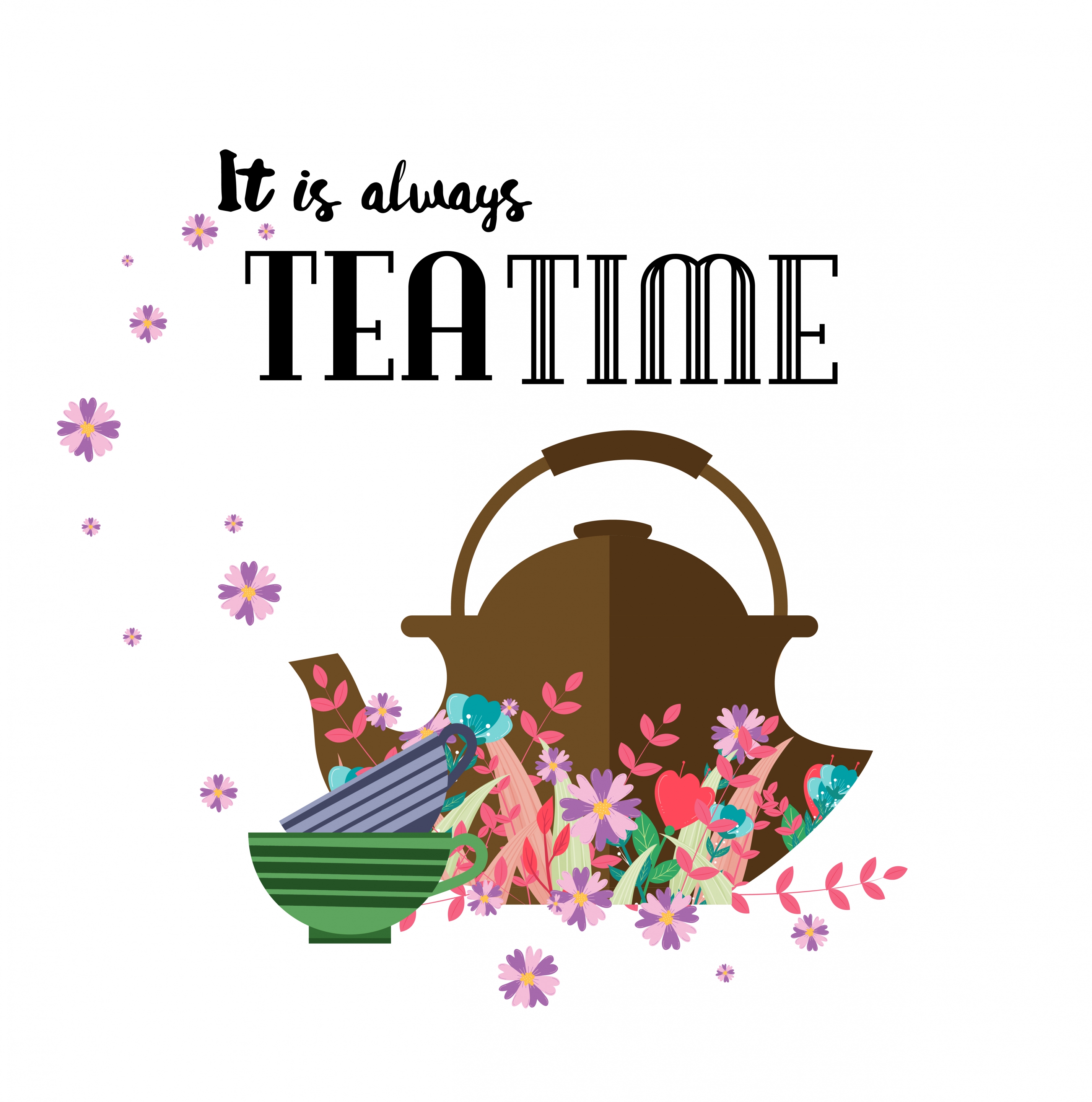 tea time banner pot cups flowers icons decor