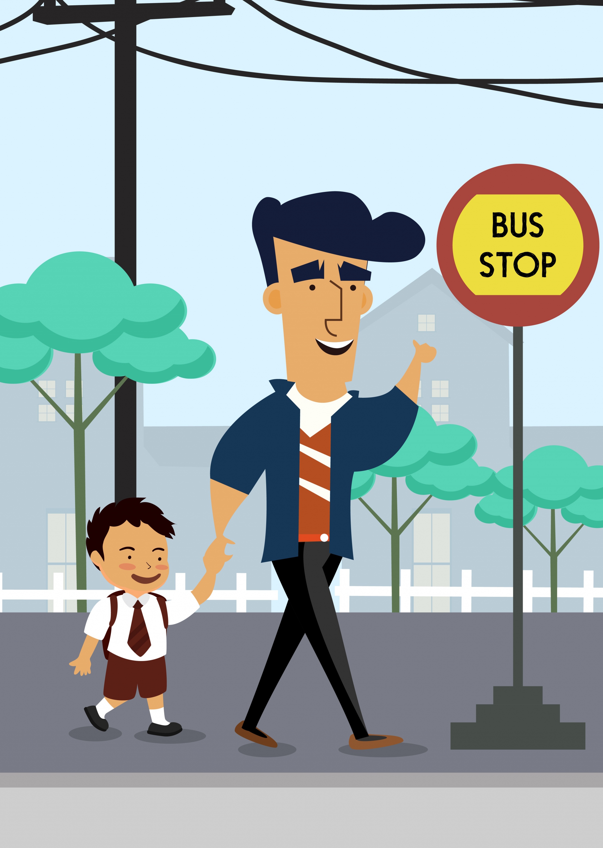 childhood drawing father son bus station colored cartoon