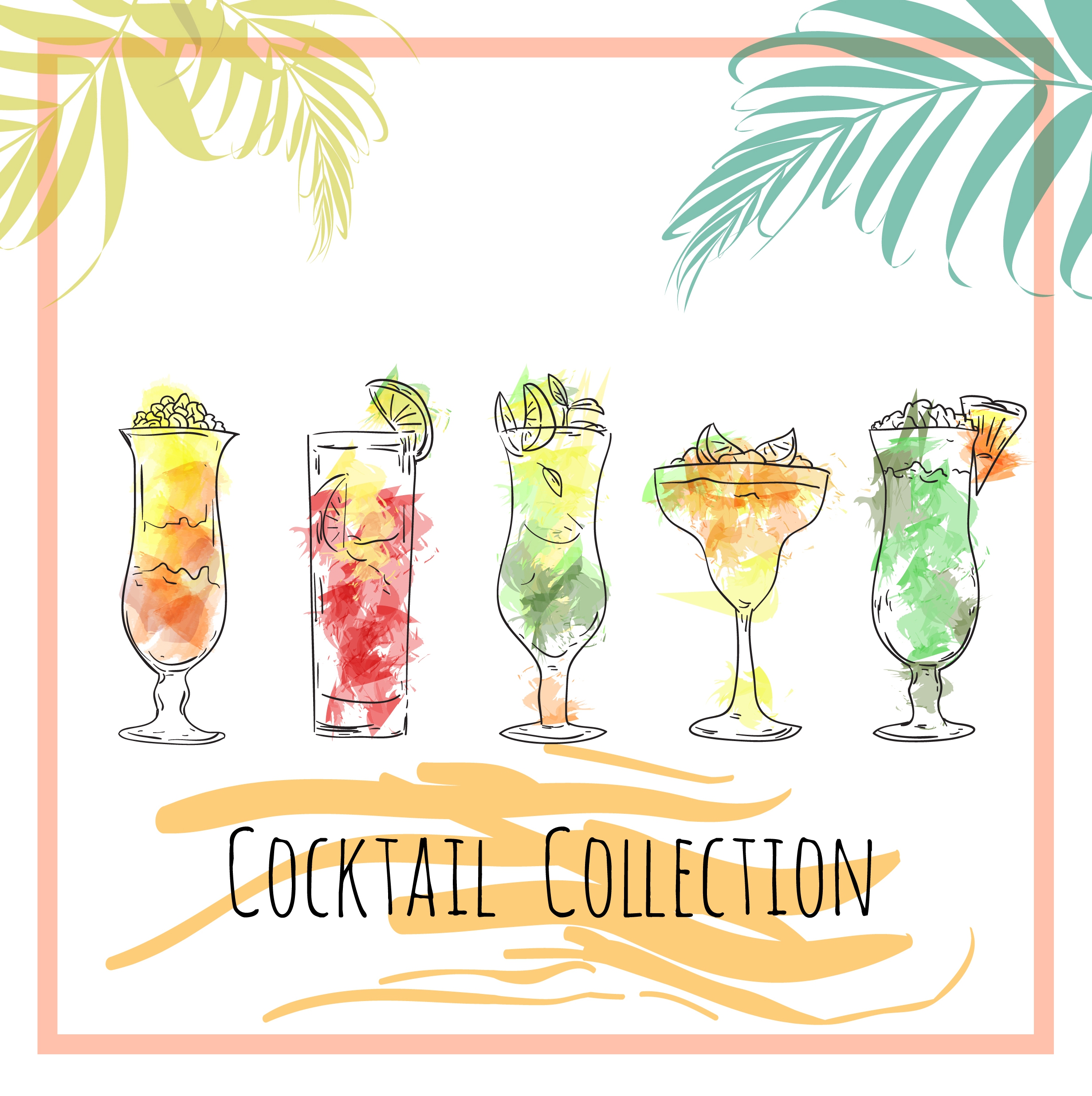 fruit cocktail advertising multicolored handdrawn sketch