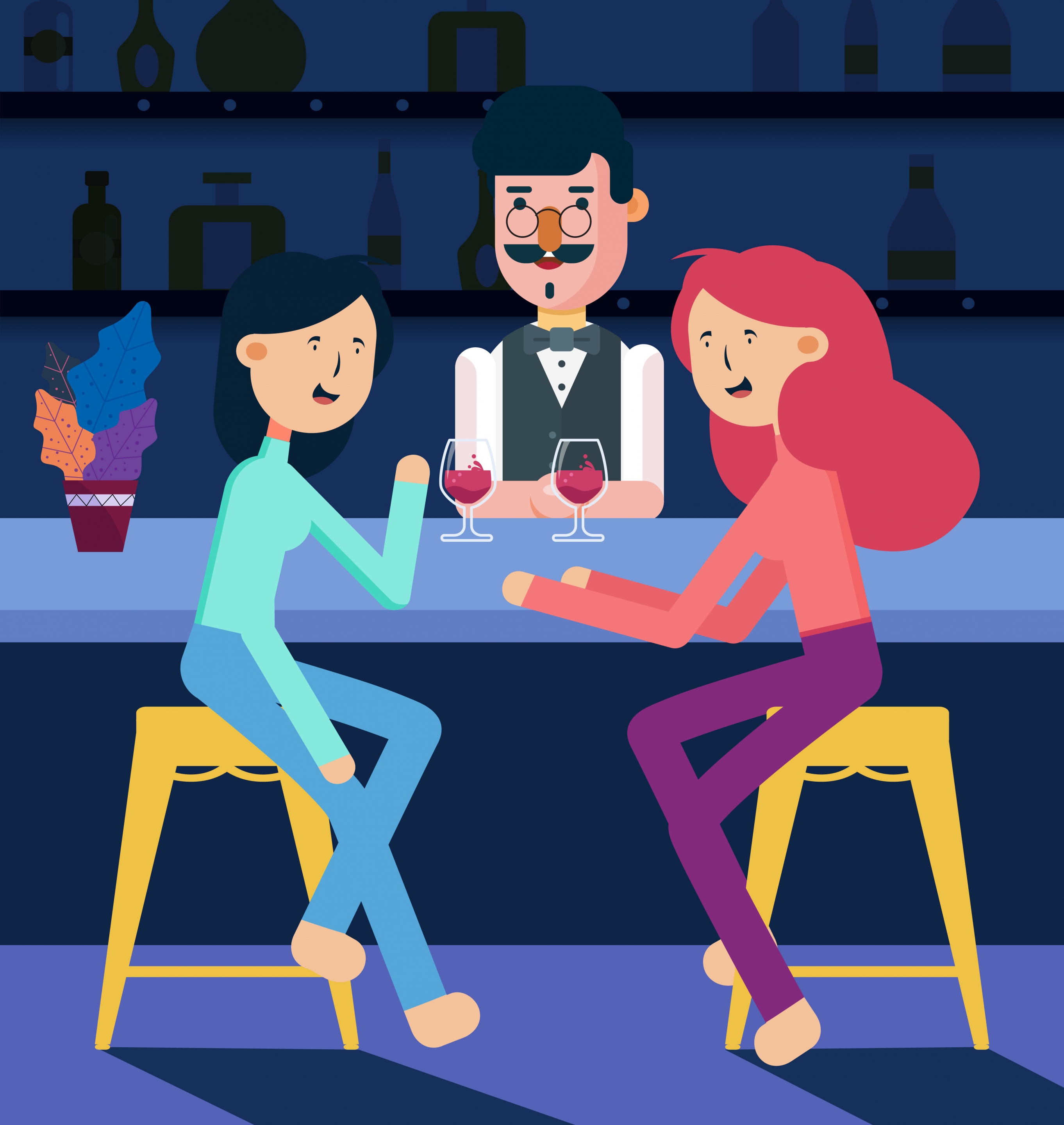 bar drawing bartender female guest icons colored cartoon