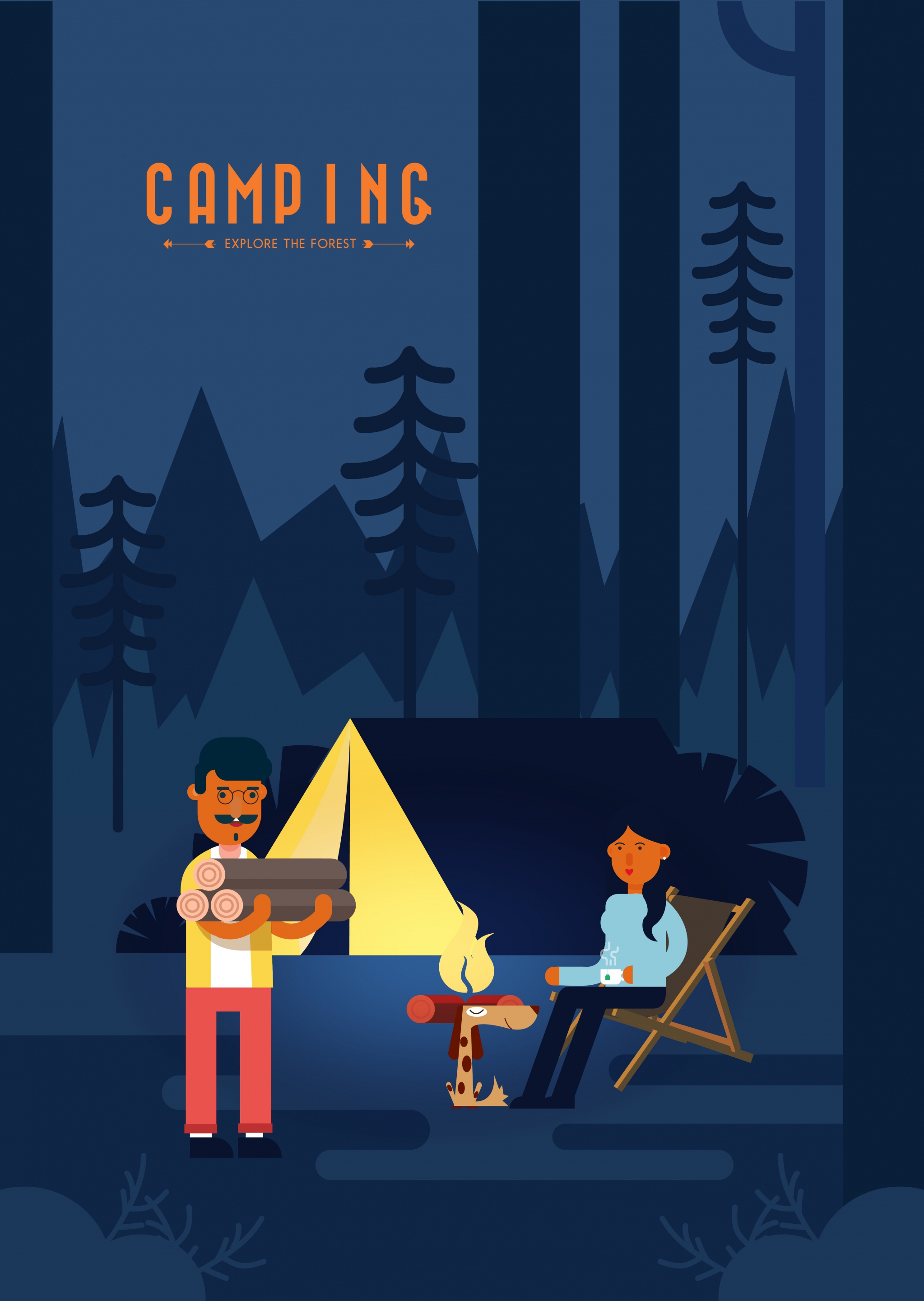 camping advertising banner outdoor tent colored cartoon