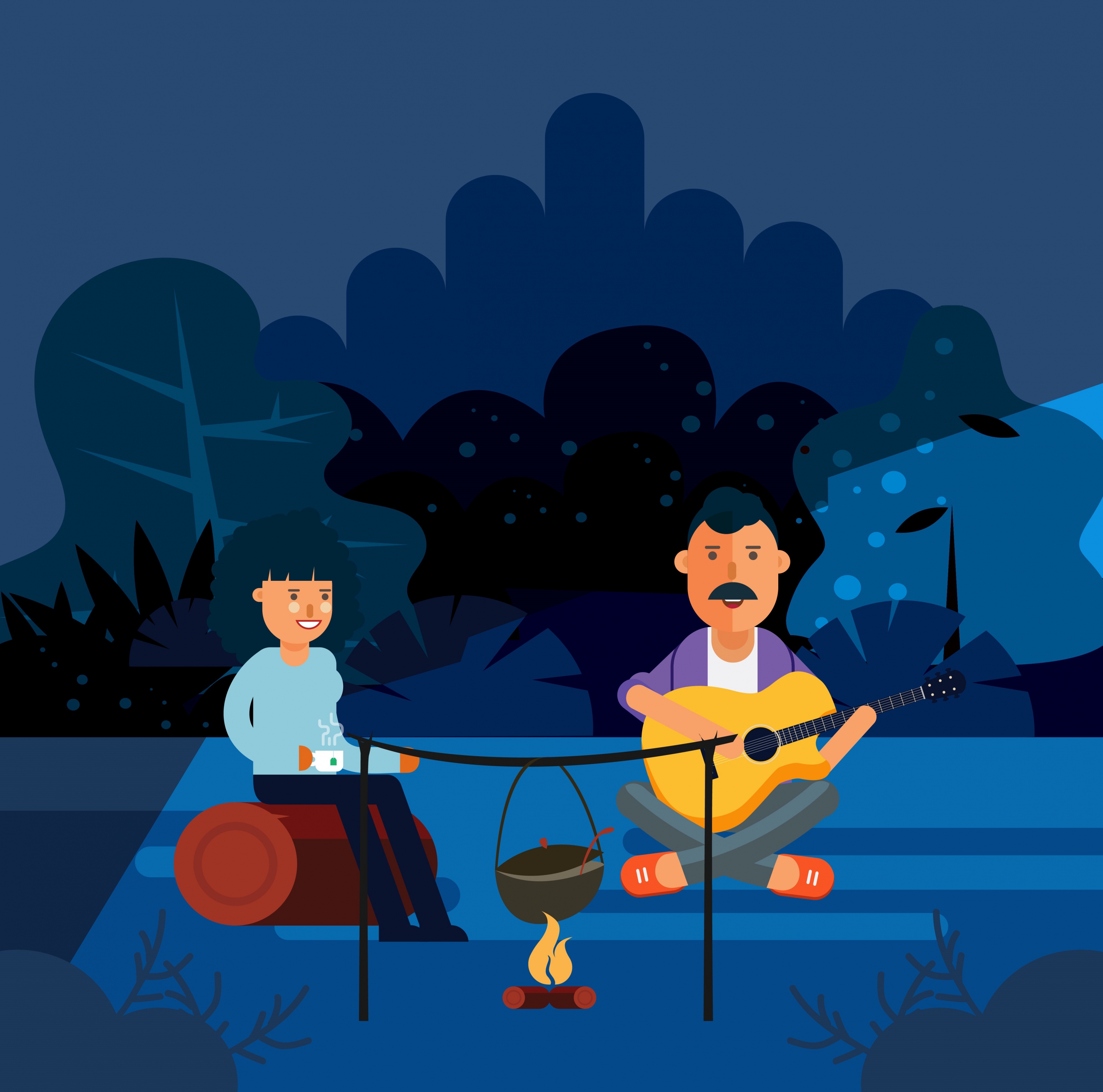 outdoor picnic drawing man woman campfire icons