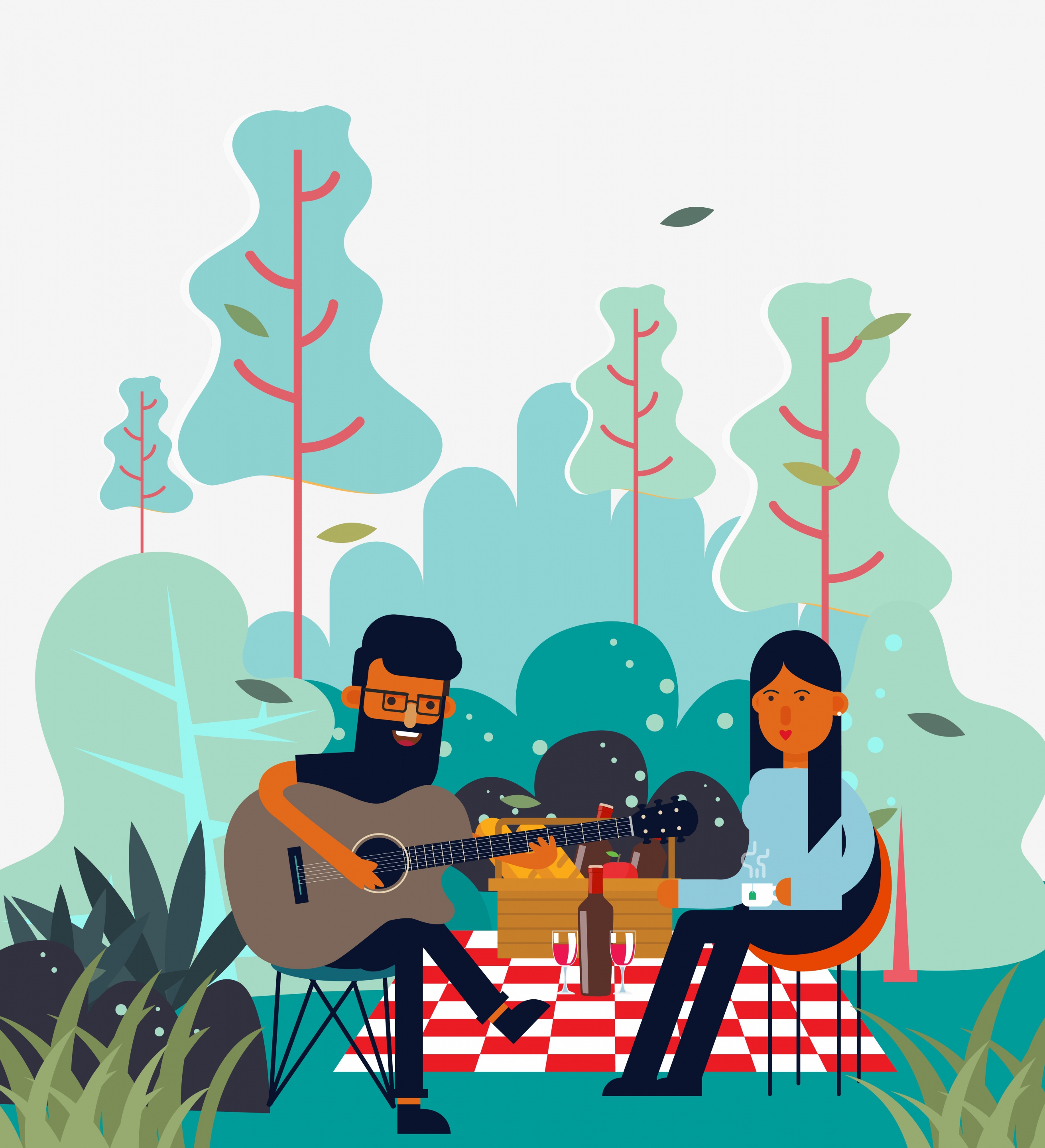 picnic drawing joyful couple guitarist icons colored cartoon