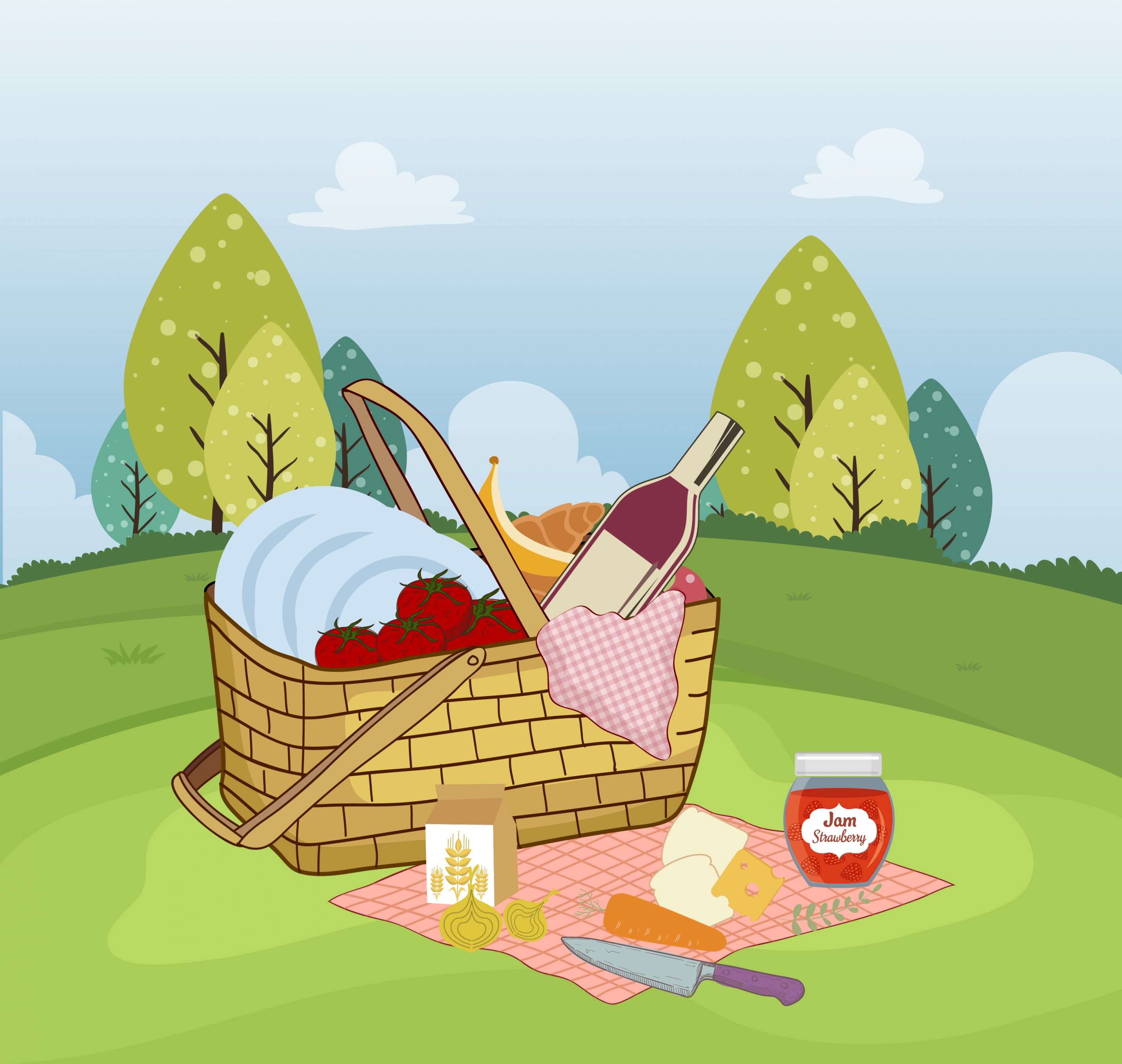 picnic painting colored static design basket food icons