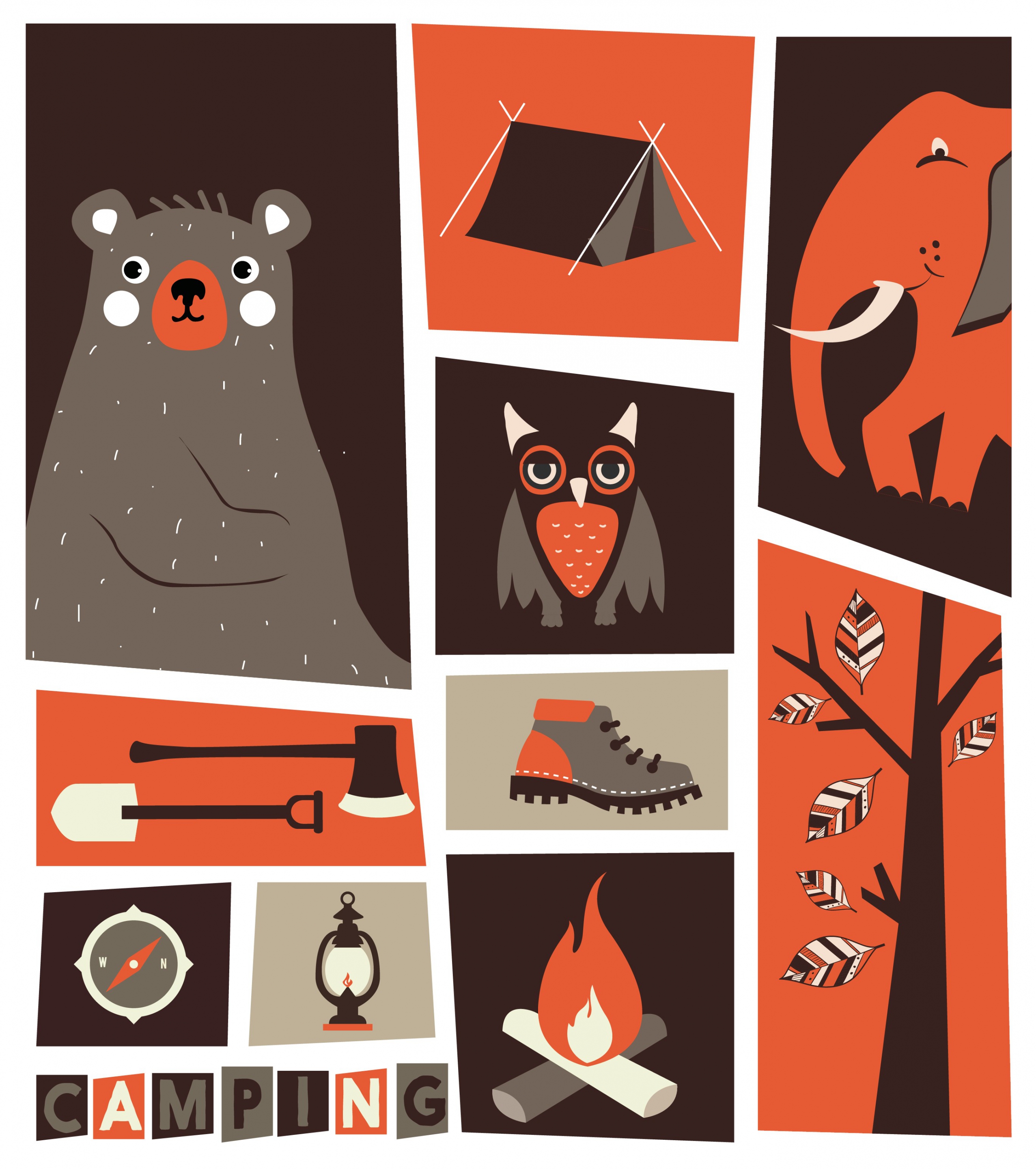 wildlife camping design elements classical cartoon icons