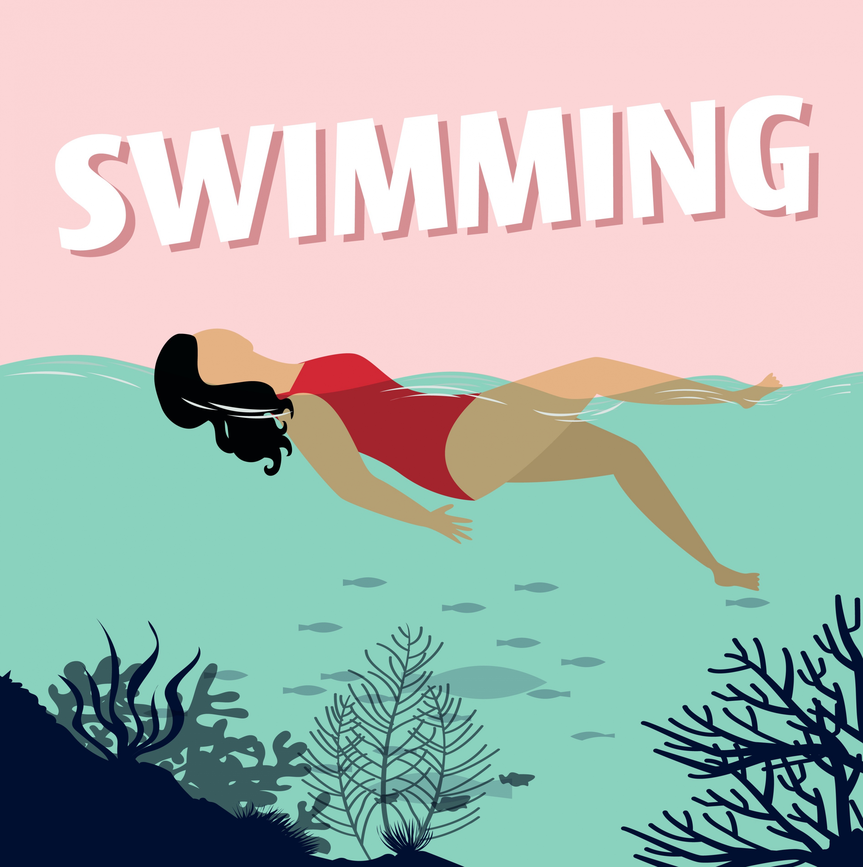 summertime background swimming woman beach icons colored cartoon