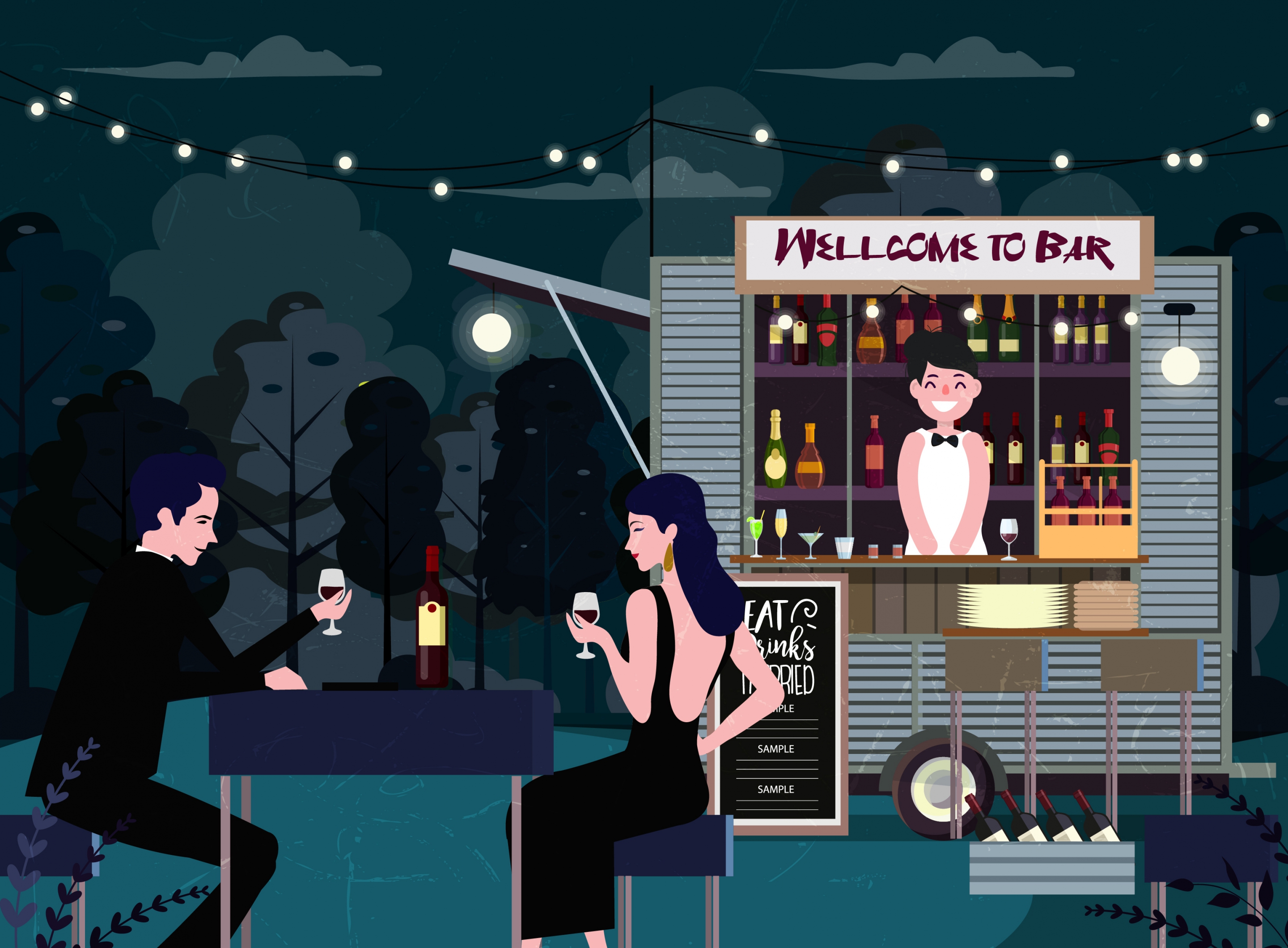 outdoor bar drawing elegant guests booth cartoon design