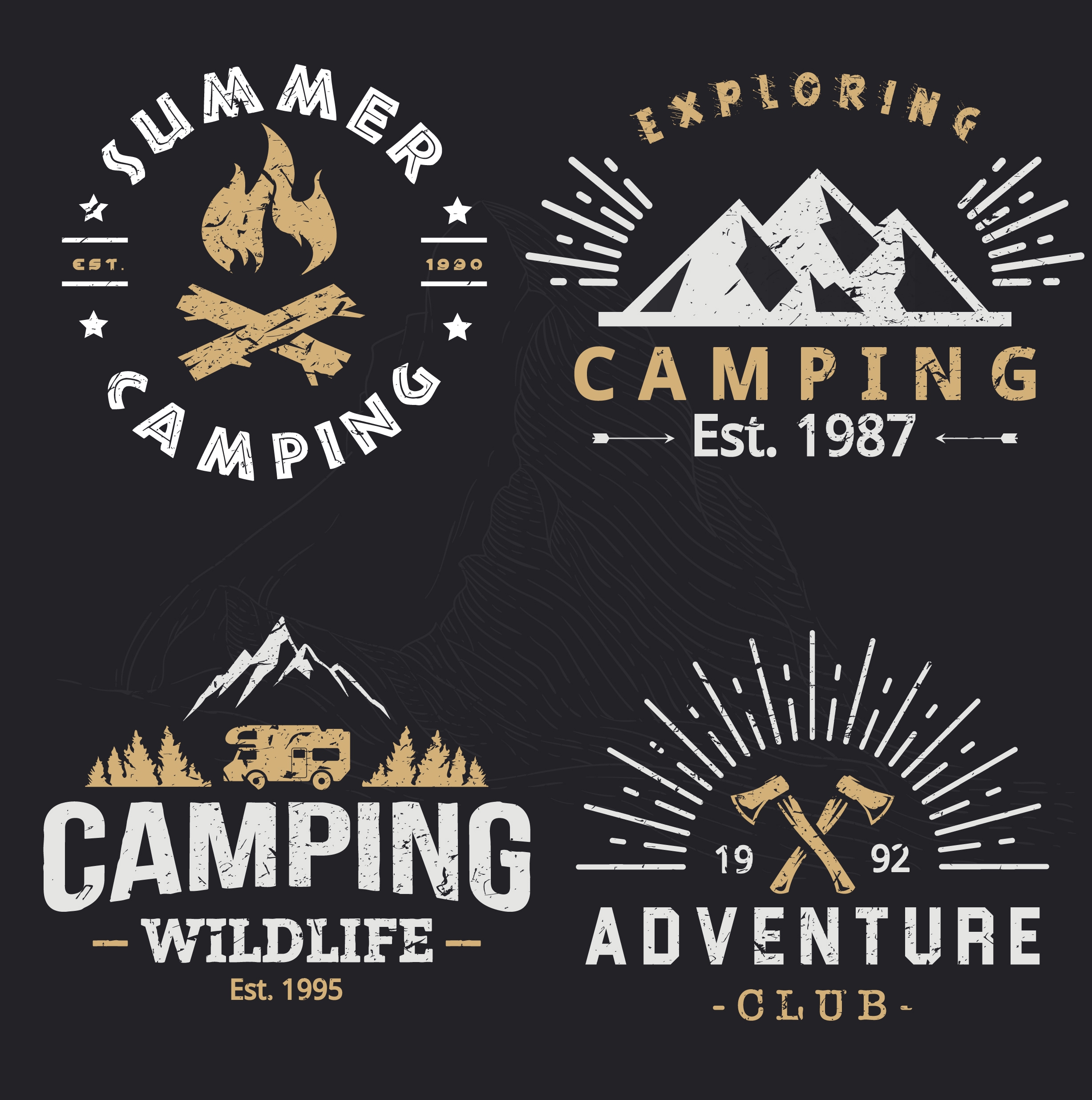 outdoor camping logotypes retro design mountain fire icons