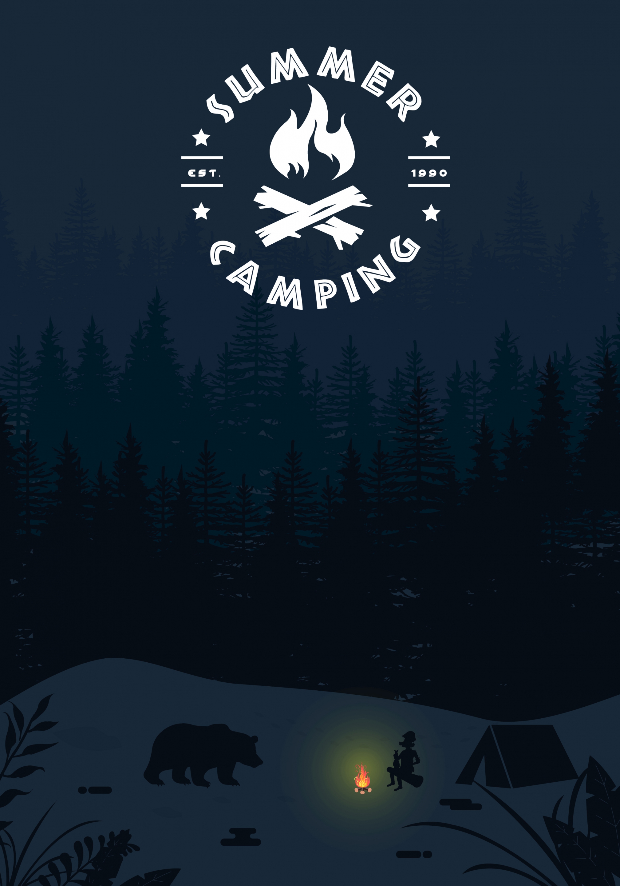 summer camping background tent human bear night icons