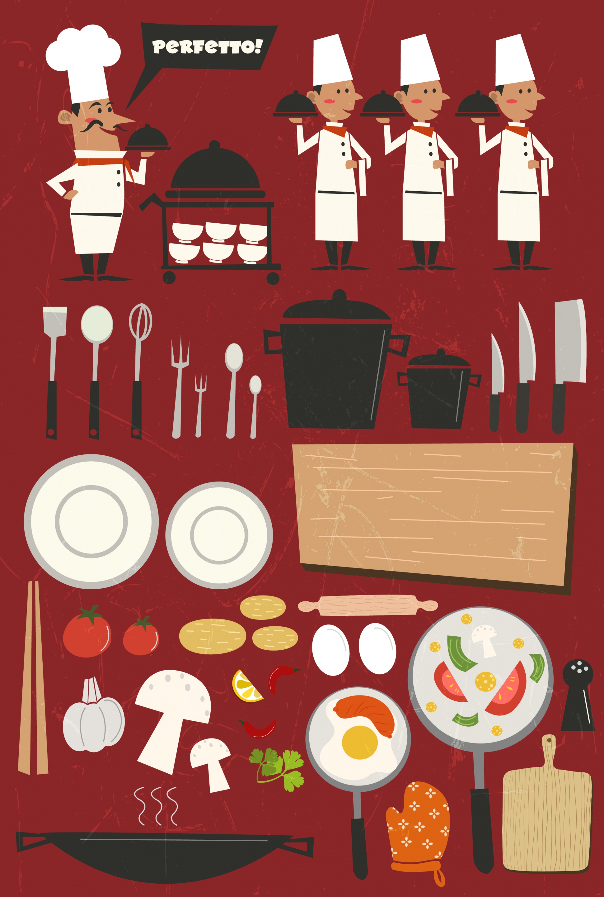 restaurant design elements chef waiter food kitchenwares icons