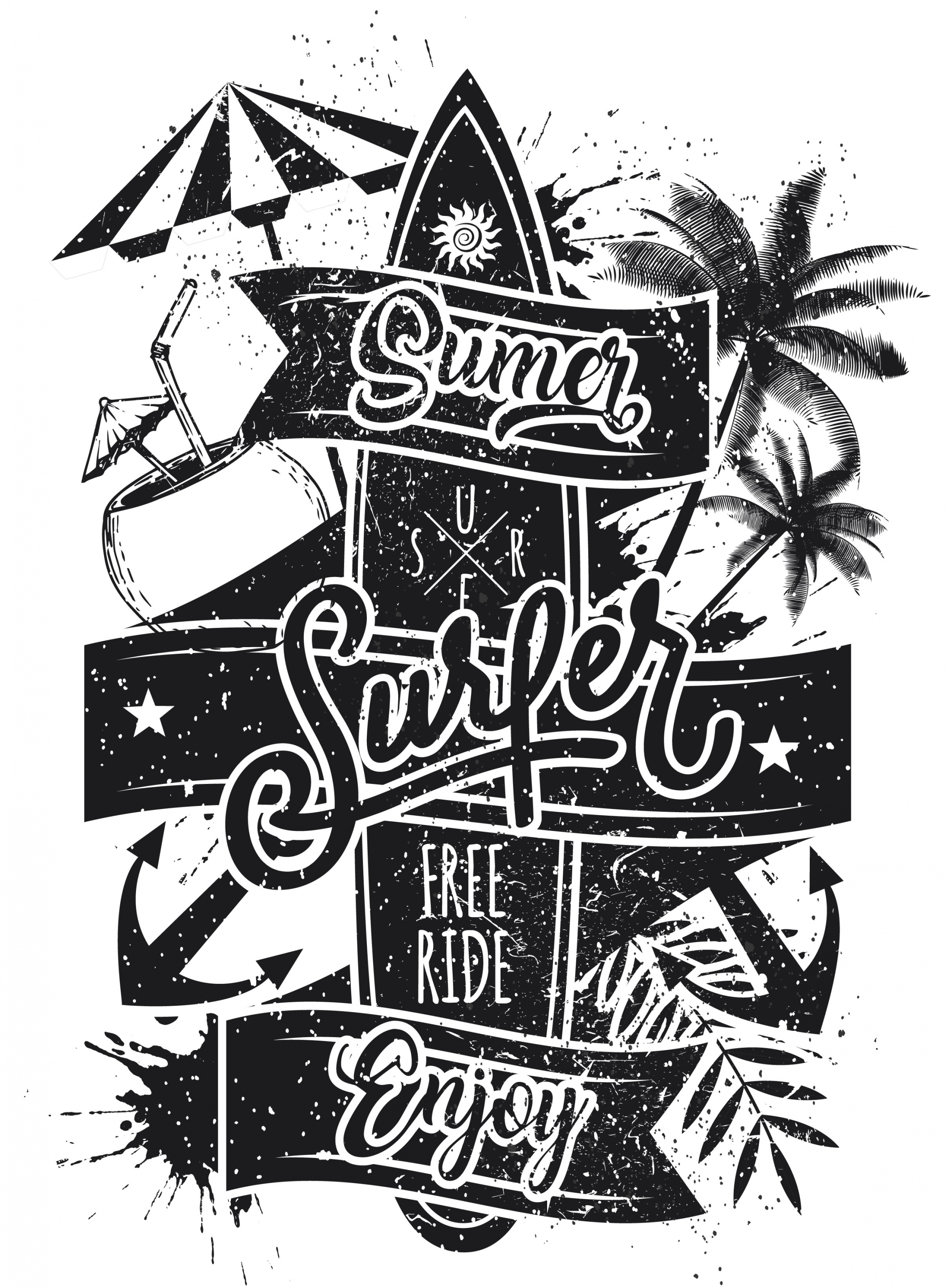 surfing advertisement surboard coconut text retro grunge design