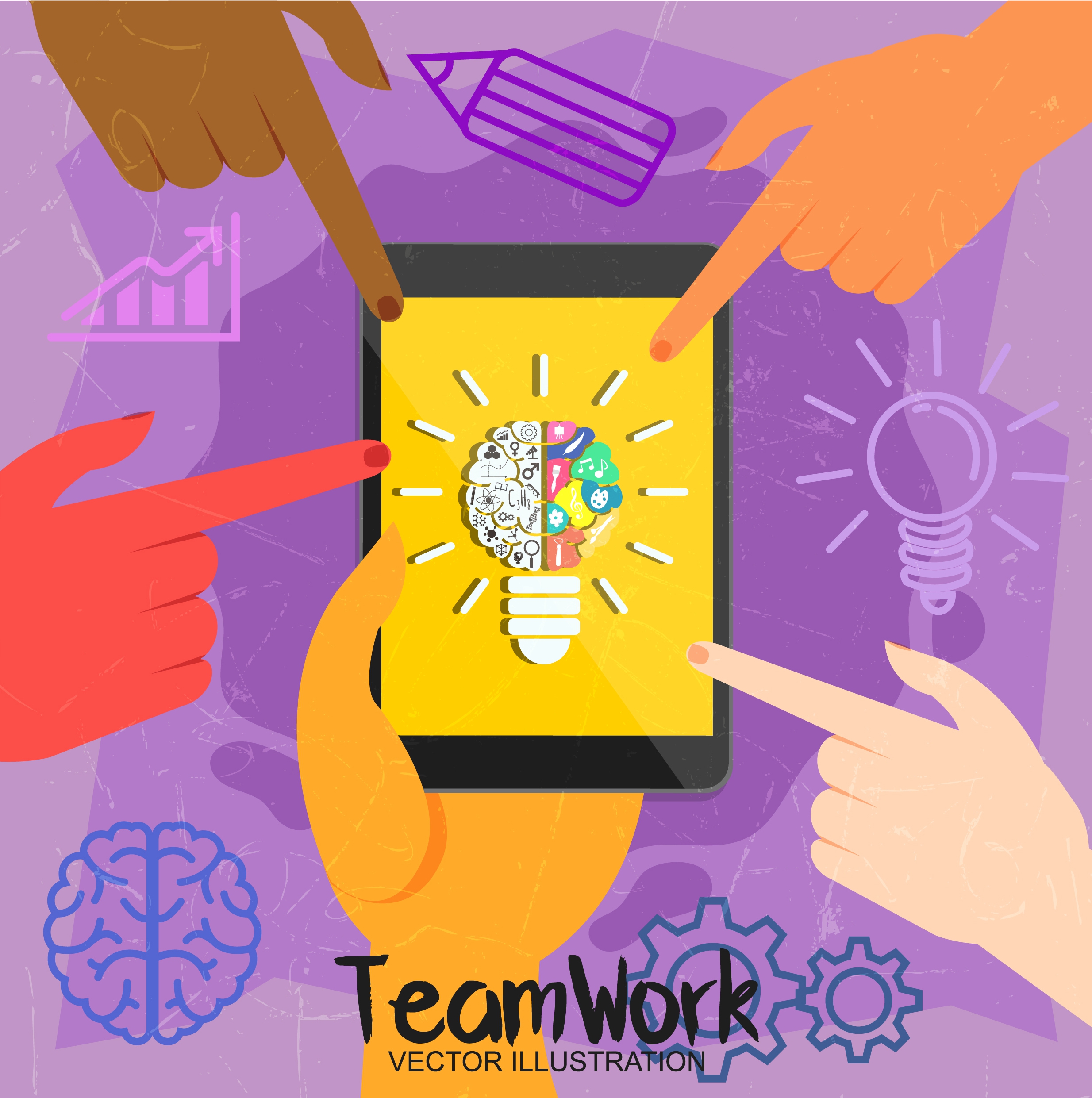 teamwork banner smartphone lightbulb hands icons decoration