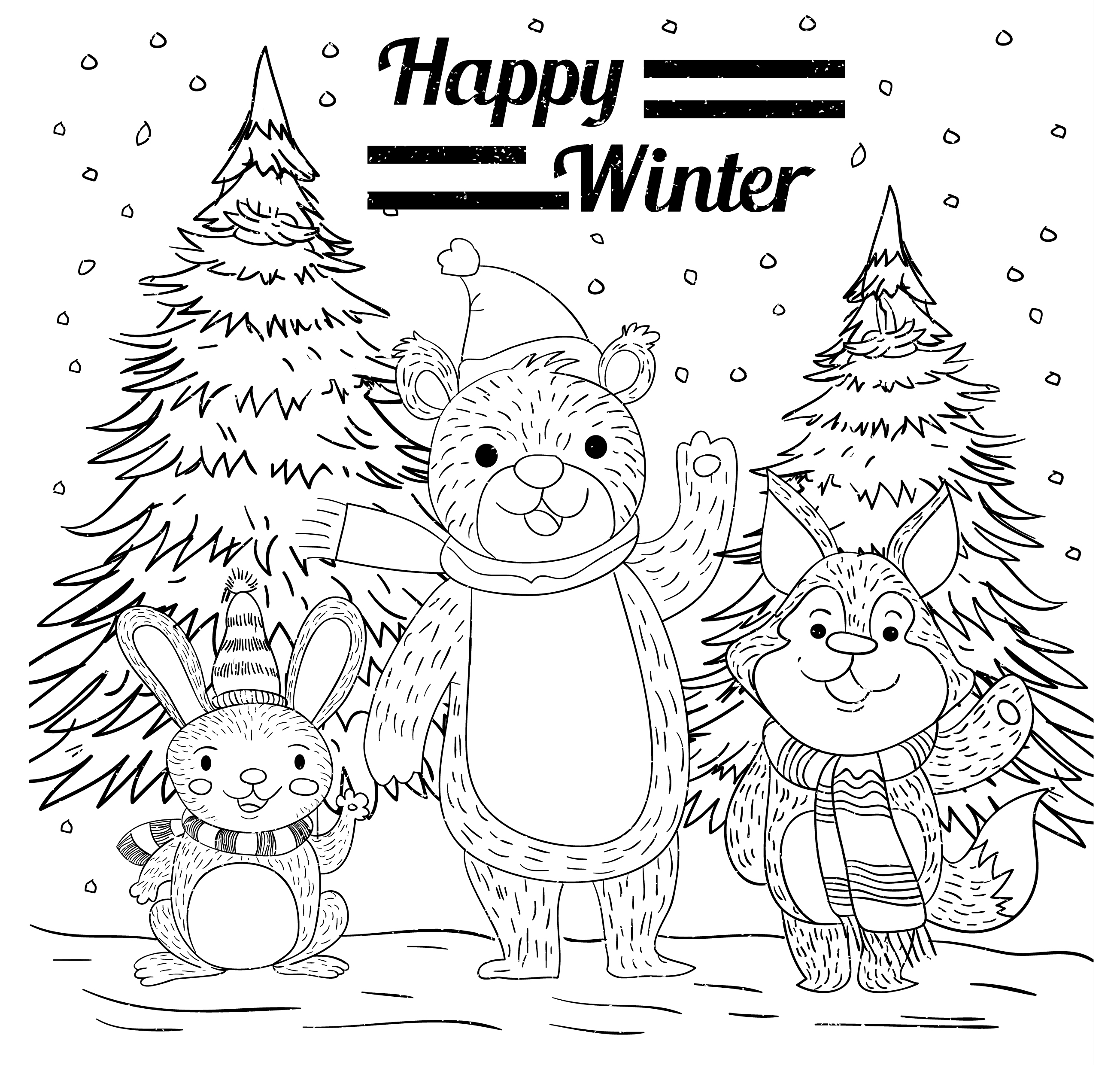 winter background bear rabbit fox icons handdrawn sketch