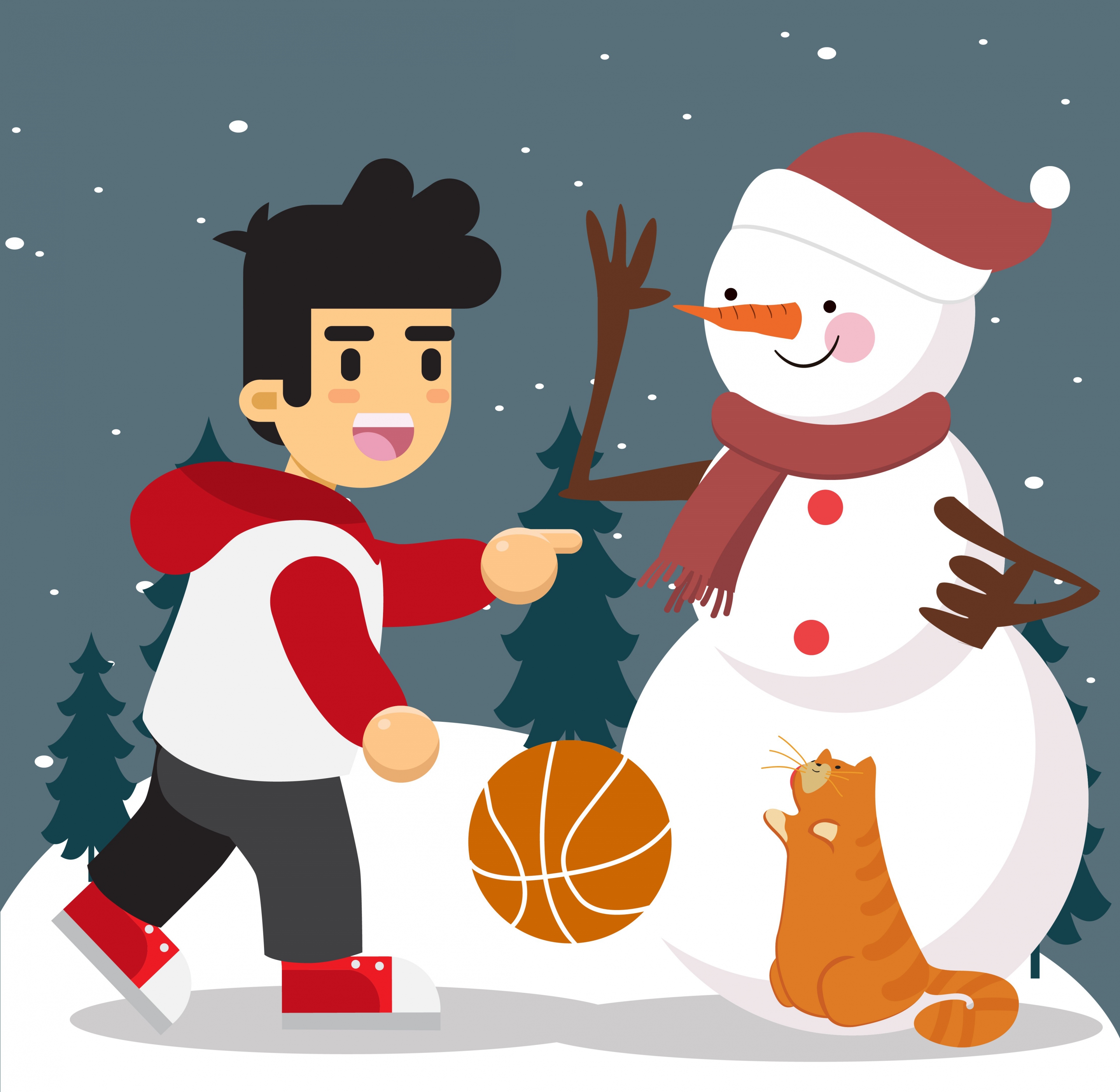 christmas drawing boy snowman cat icons colored design