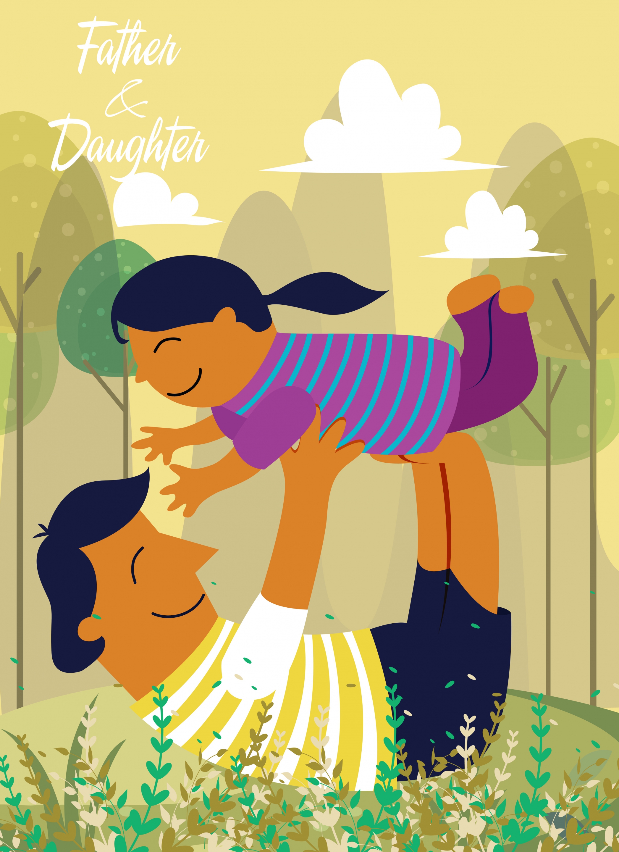 fatherhood drawing playful father girl icons colored cartoon