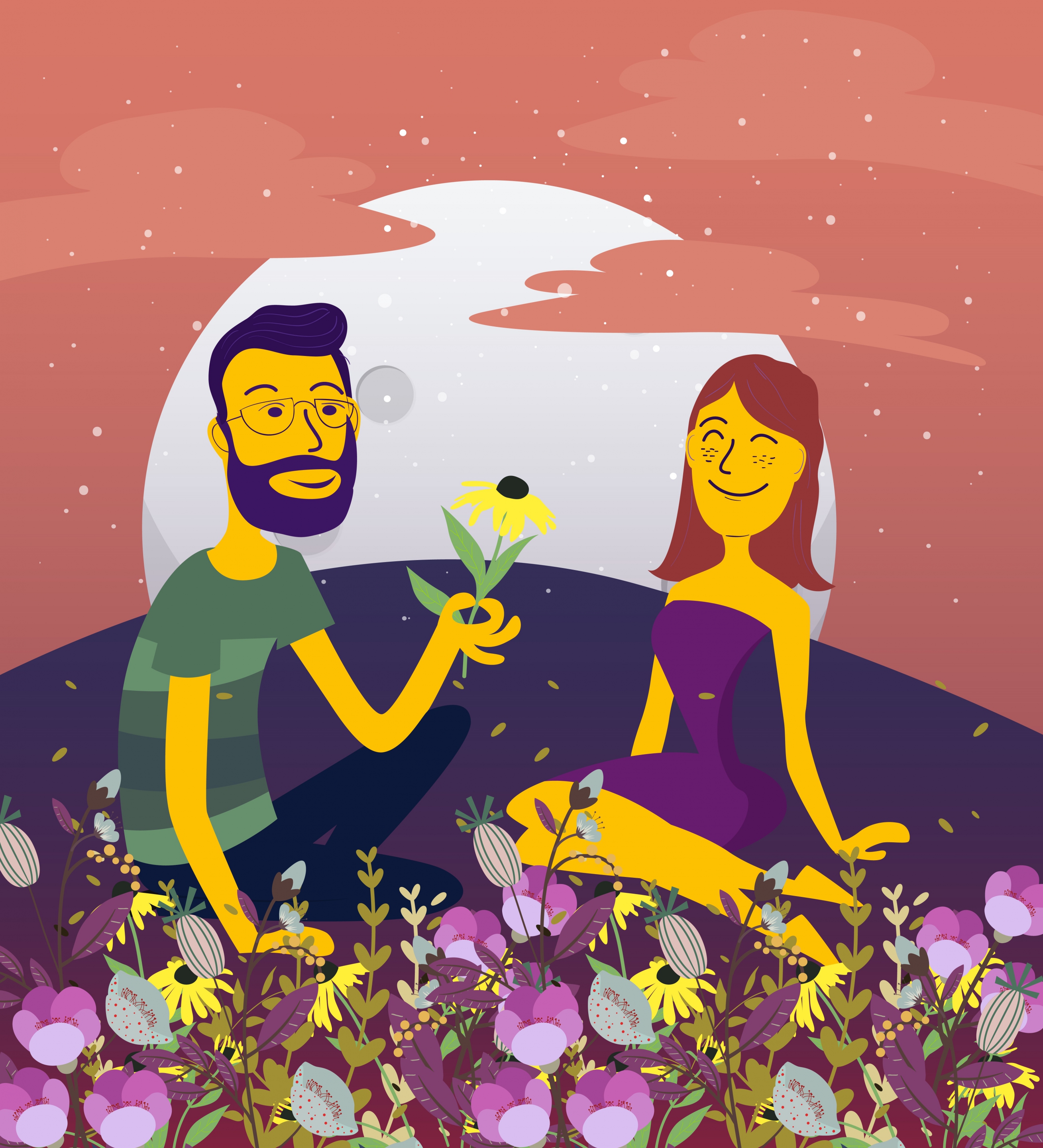 romantic couple drawing flowers decoration colored cartoon design