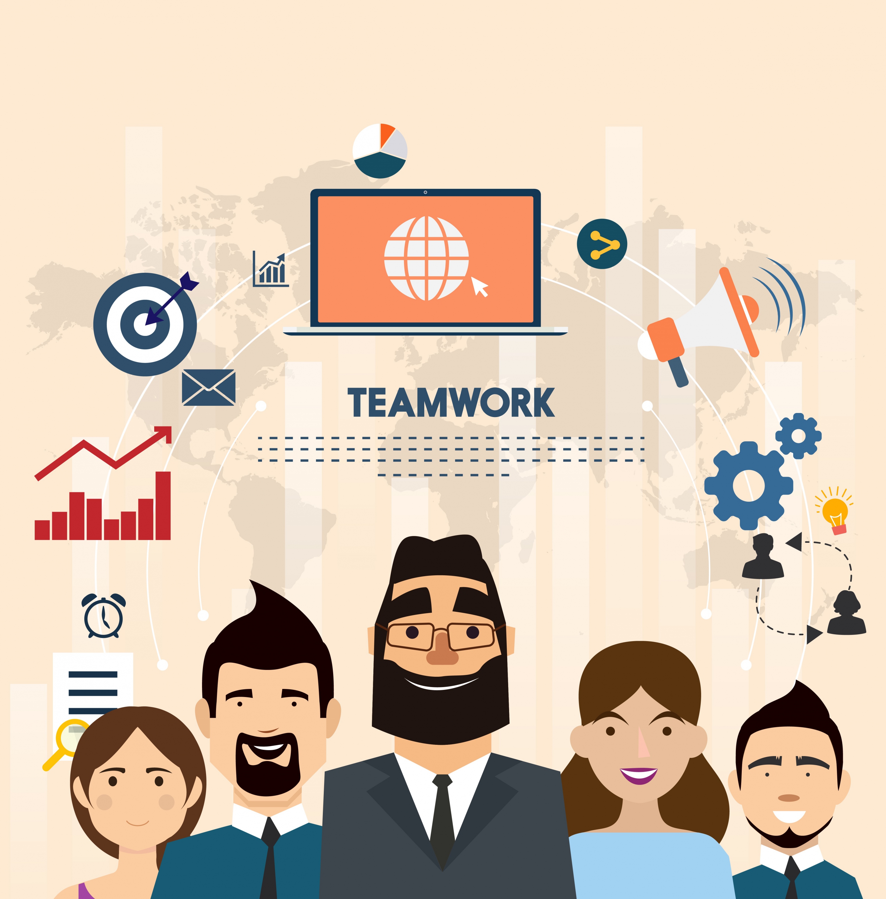 teamwork banner staffs business symbols icons