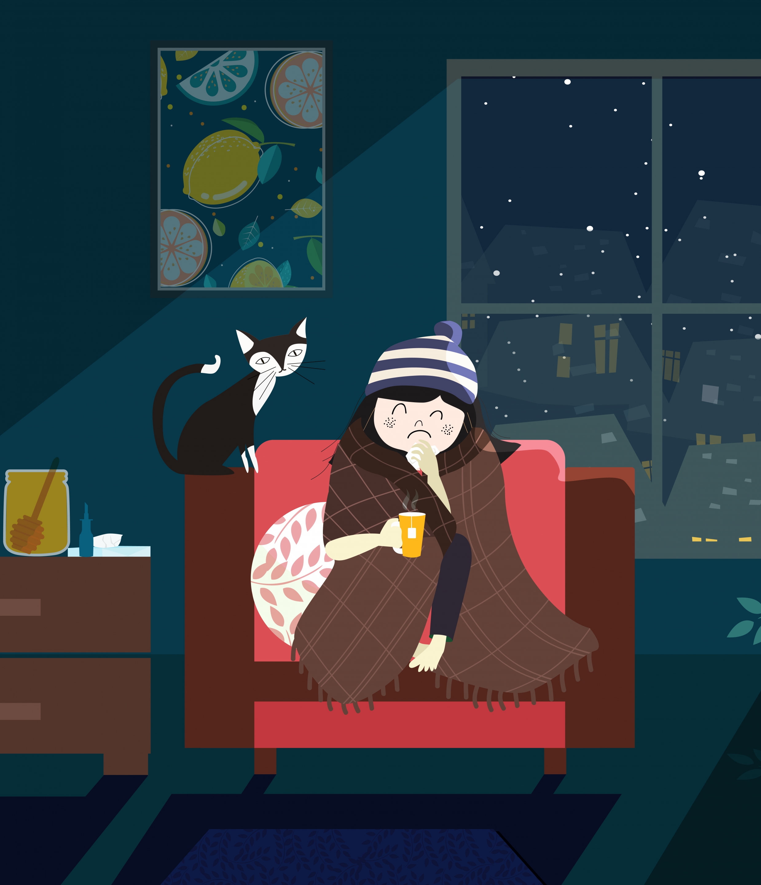 cold winter drawing girl cat cozy room icons