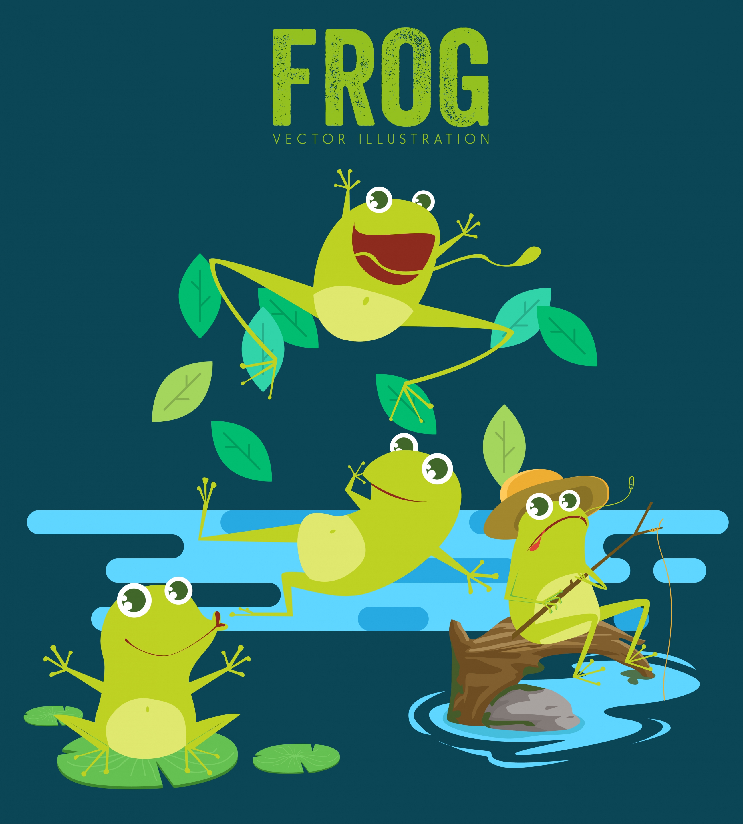 wild nature background stylized green frogs icons