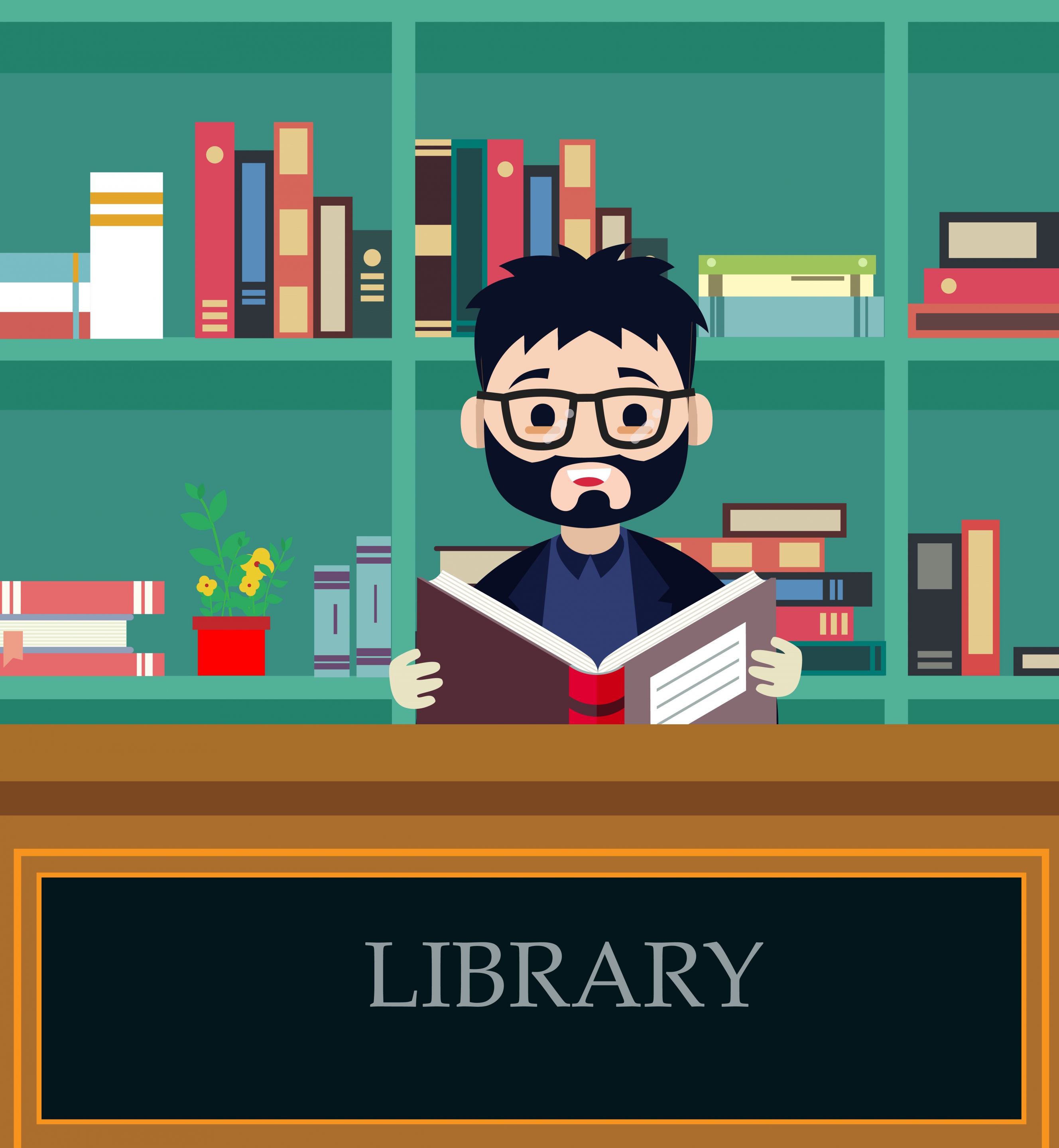 library background man reading book icon colored cartoon