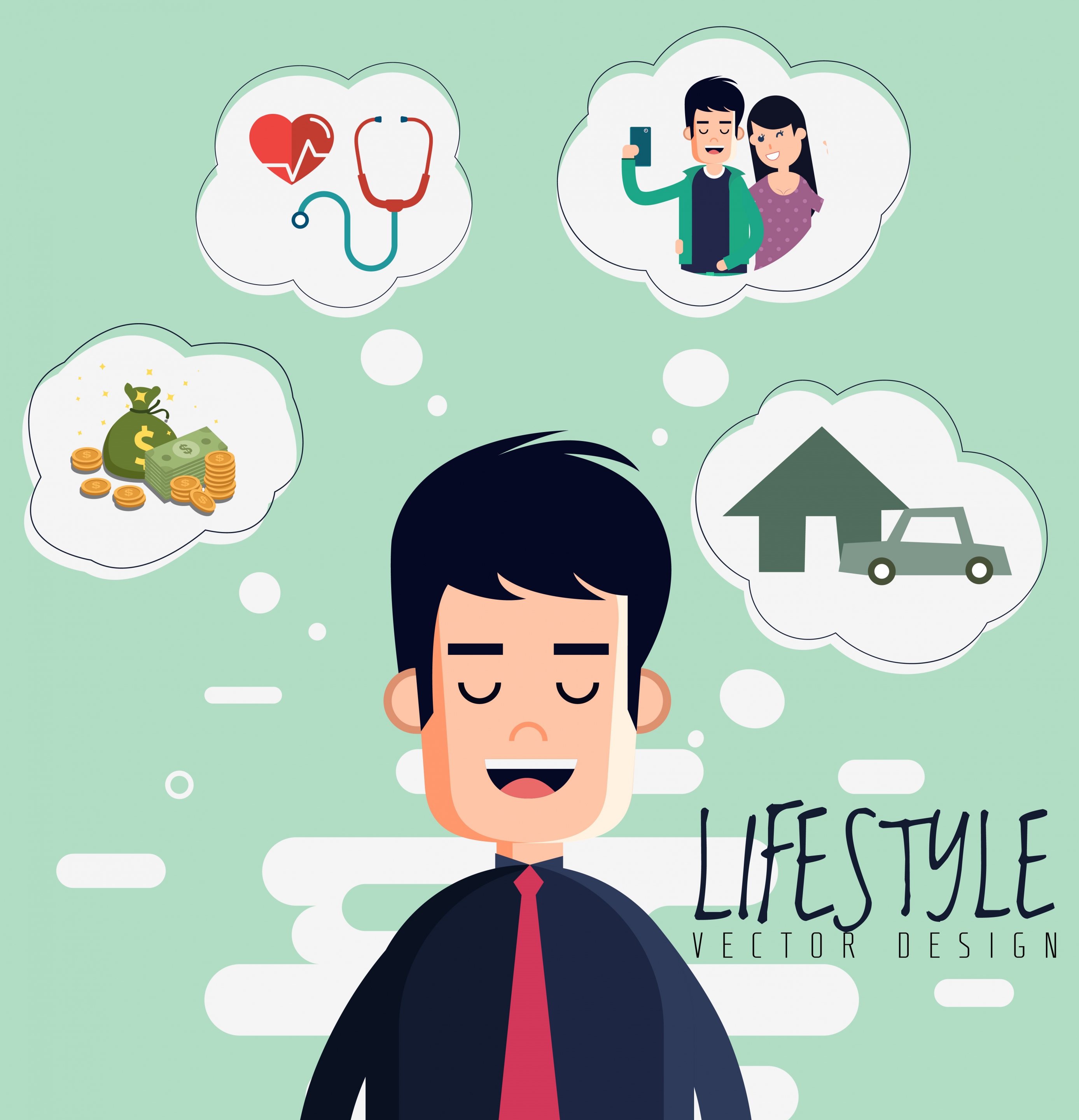 lifestyle banner man dream speech baubles colored cartoon