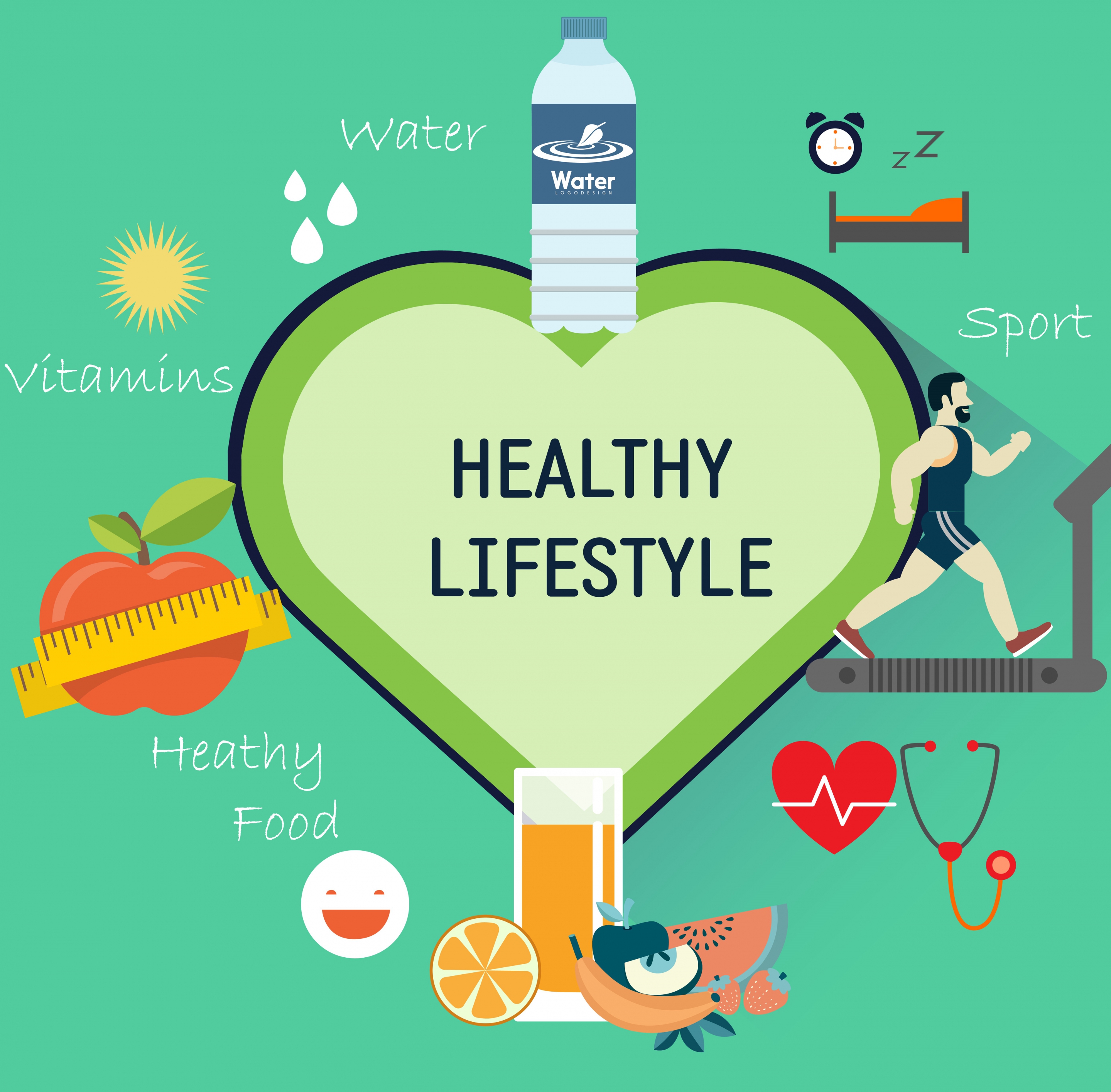 healthy lifestyle infographic heart water fruit icons