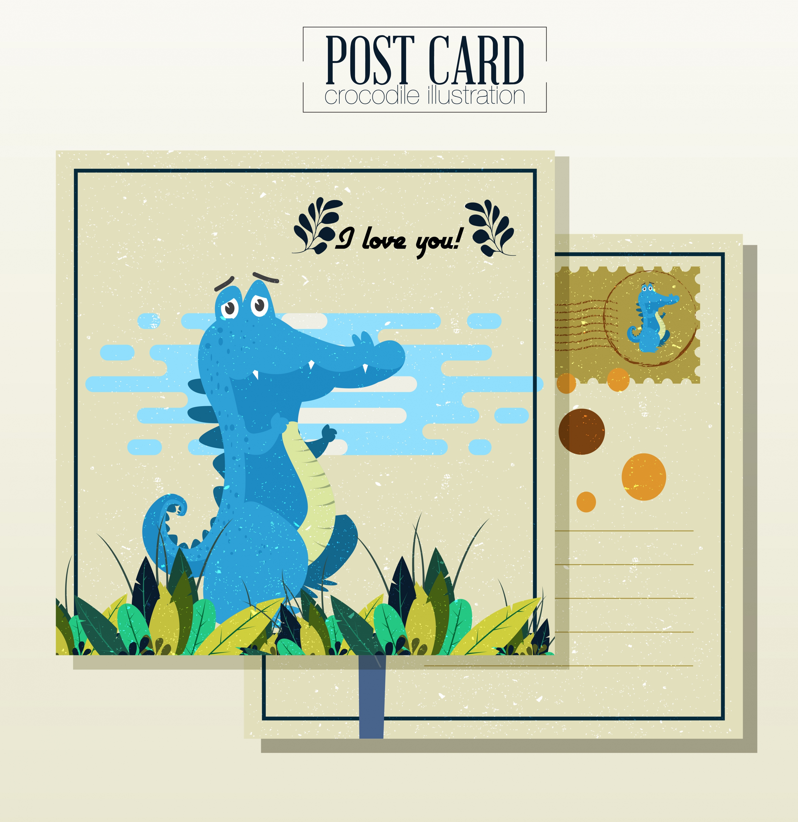 love postcard template crocodile icon cute cartoon design