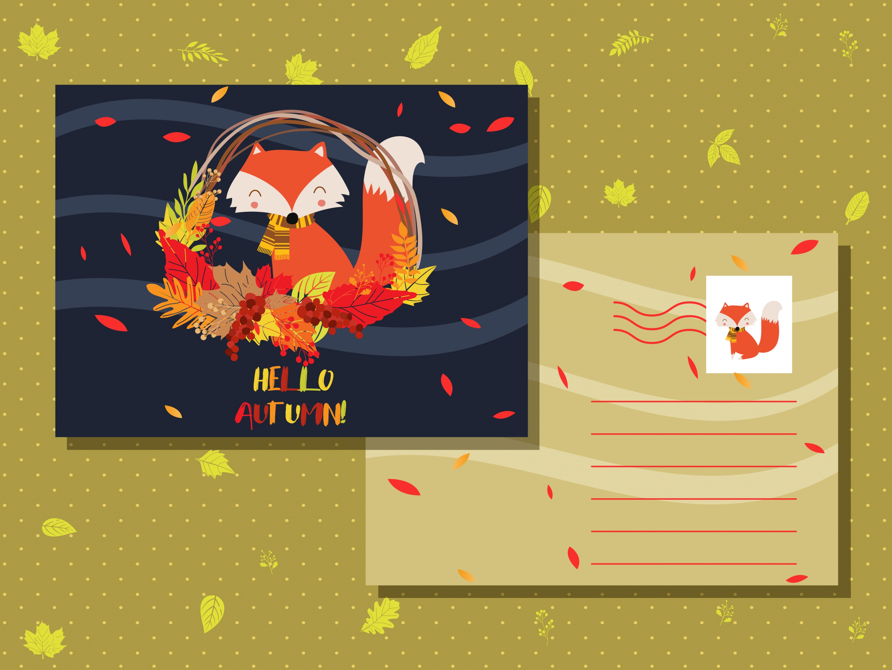 autumn postcard template fox leaves icons decor