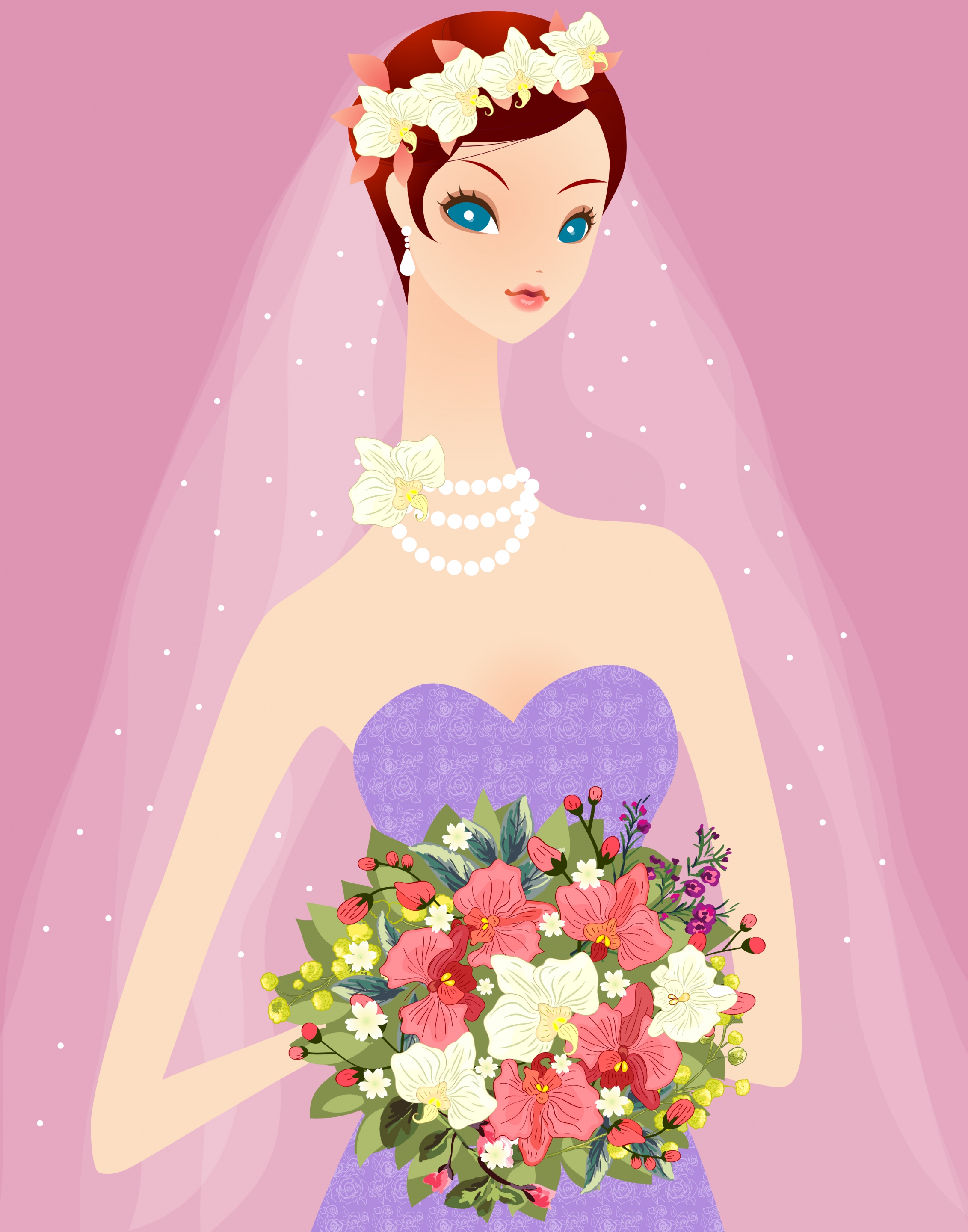 bride holding flowers bouquet drawing cute cartoon design